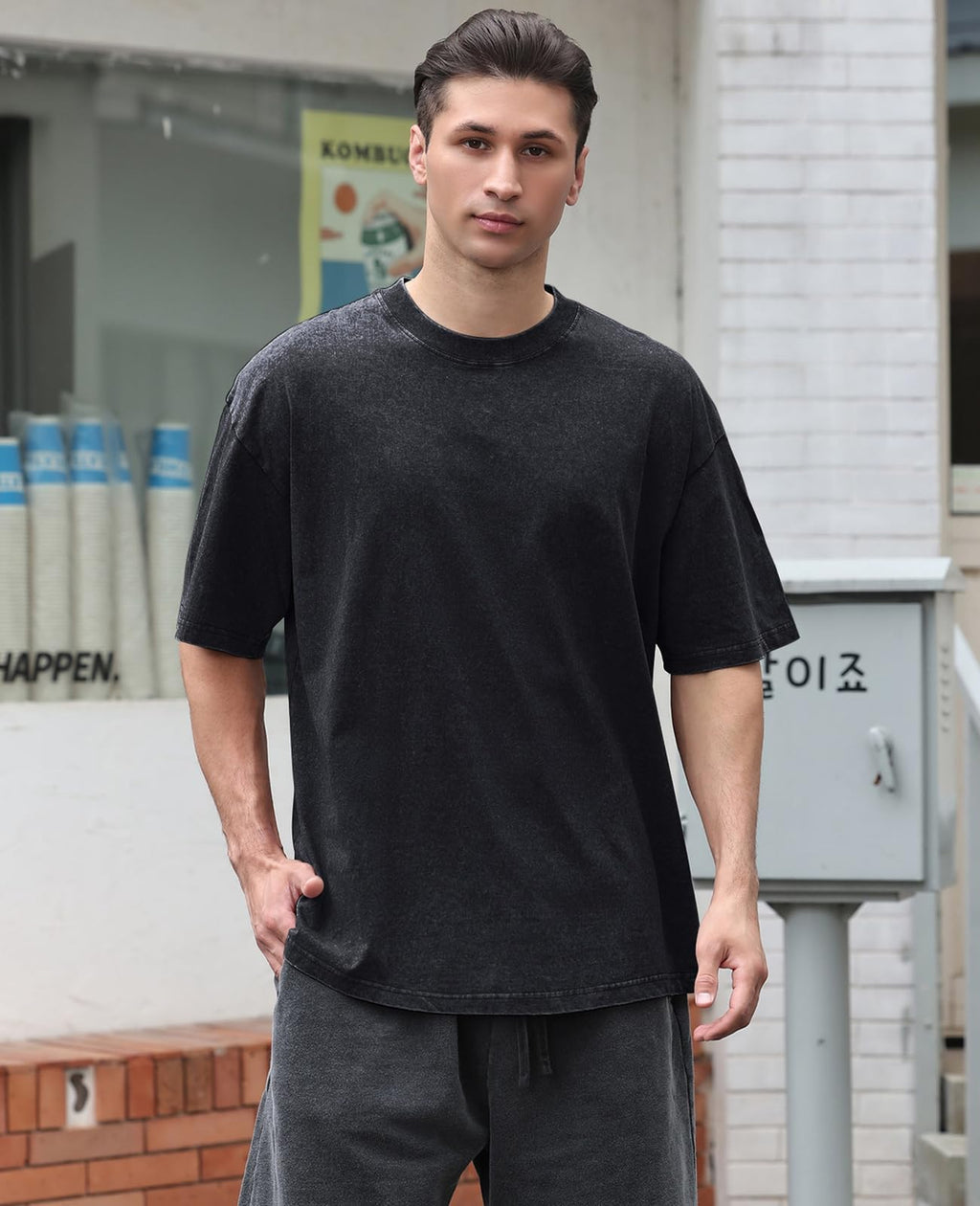 KEEPSHOWING Men's Cotton T-Shirts Oversized Unisex Short Sleeves Casual Loose Wash Solid Basic Tee Tops(A-Black XL)