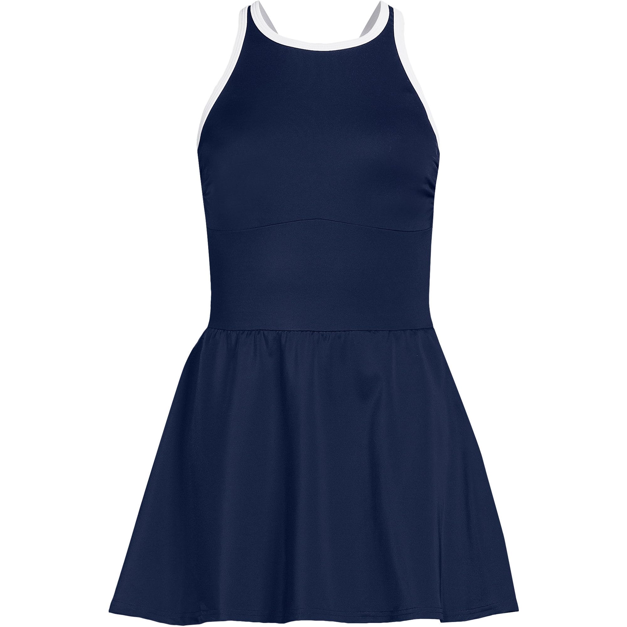 Lands' End Women's Tugless High Neck Swim Dress Swimsuit 0 Deep Sea Navy/White