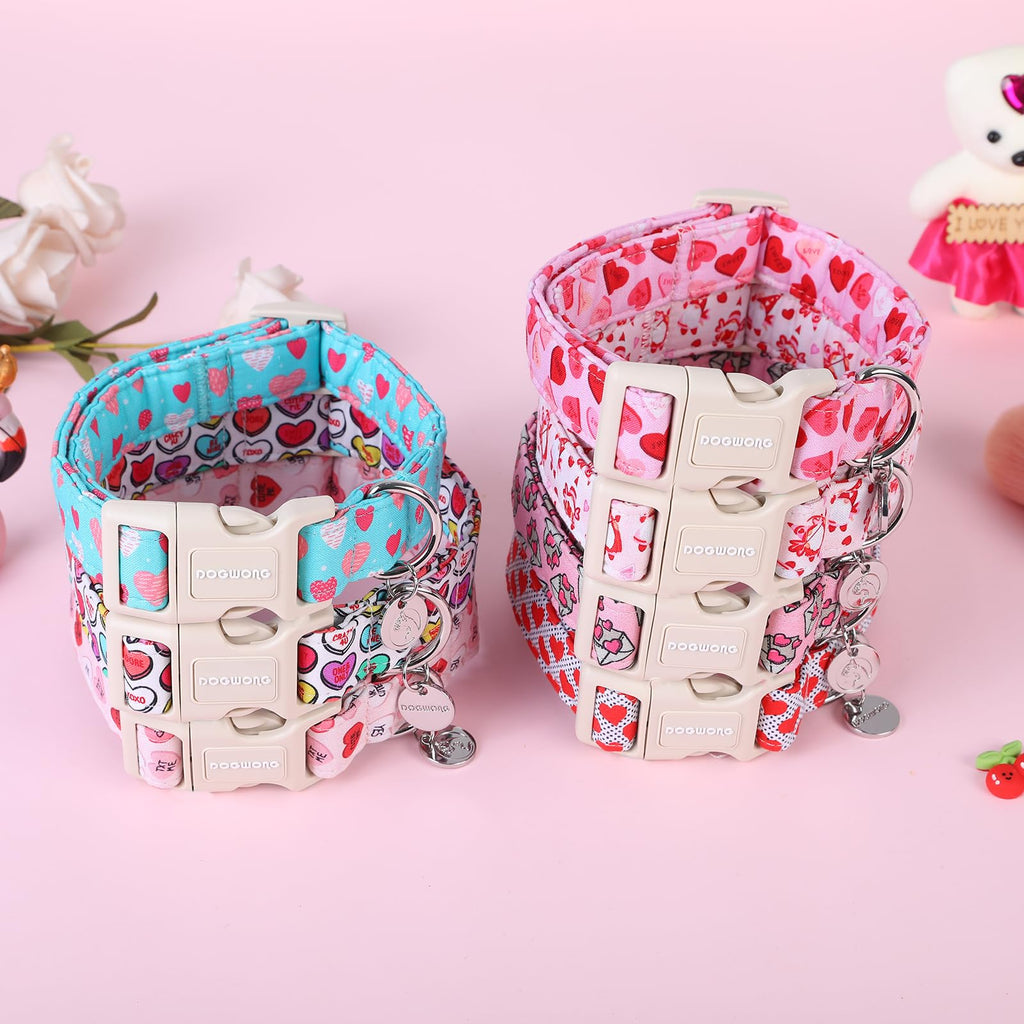 DOGWONG Valentine's Dog Collar, Adjustable Durable Pink Heart Dog Collar Cute Girl Dog Collar for Small Medium Dogs