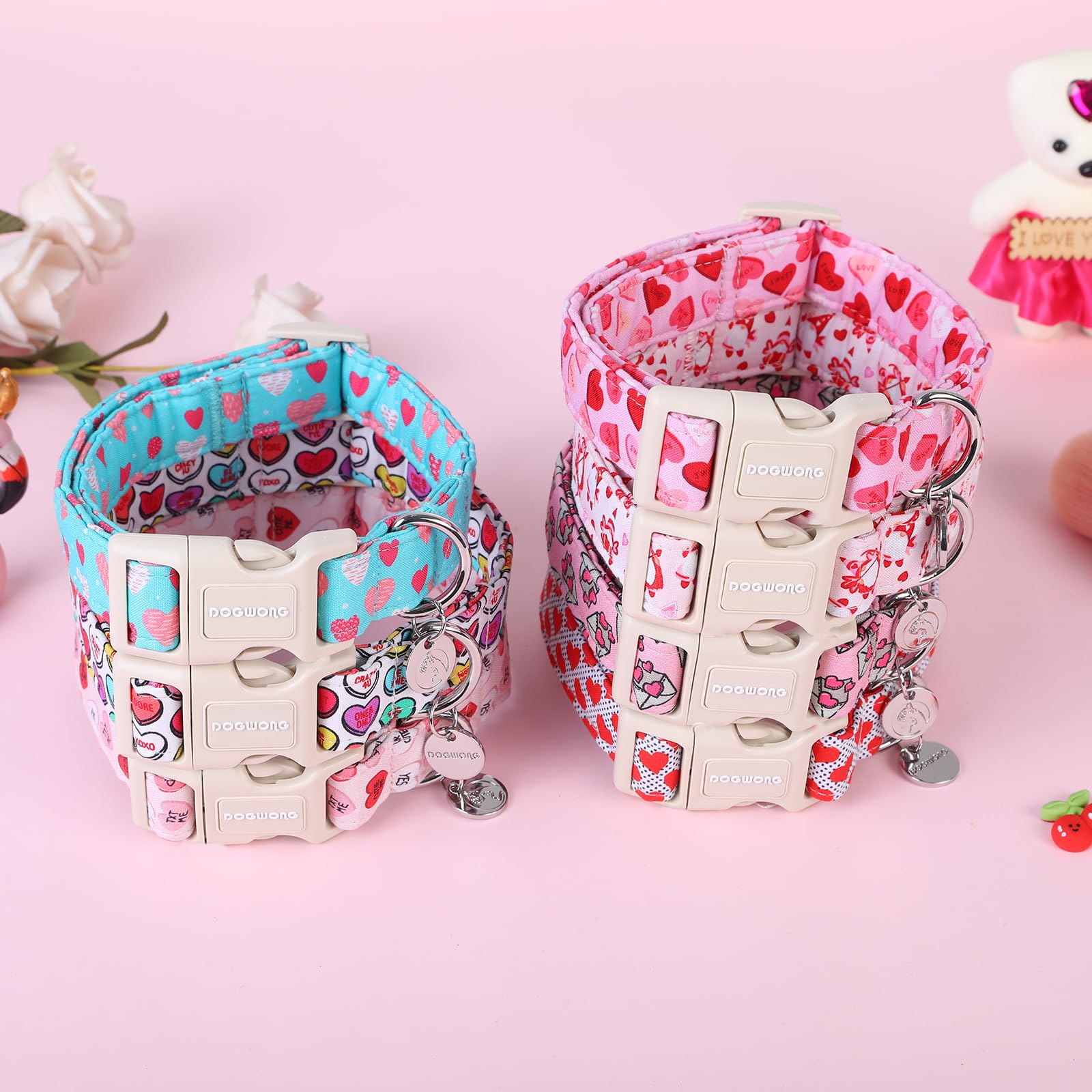 DOGWONG Valentine's Dog Collar, Adjustable Durable Pink Heart Dog Collar Cute Girl Dog Collar for Small Medium Dogs