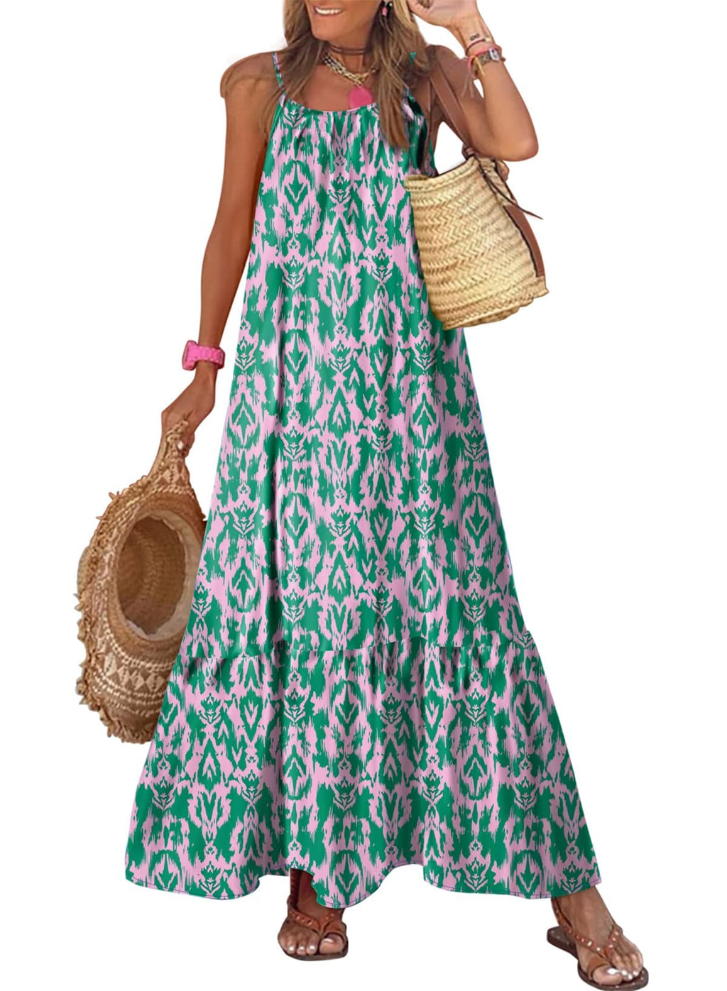 Dokotoo Beach Dresses for Women Summer Casual Maxi Dresses Scoop Neck Boho Beach Dress Sleeveless Spaghetti Strap Sexy Dress Ruffle A Line Flowy Dresses Medium Green