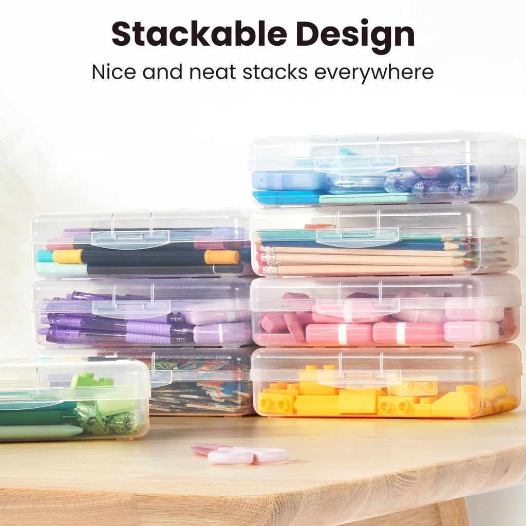 Sooez 6 Pack Pencil Box, Hard Pencil Boxes for School Supplies Bulk, Large Plastic Pencil Case with Lid, Clear Pencil Container, Stackable School Boxes Crayon Boxes Bulk for Kids