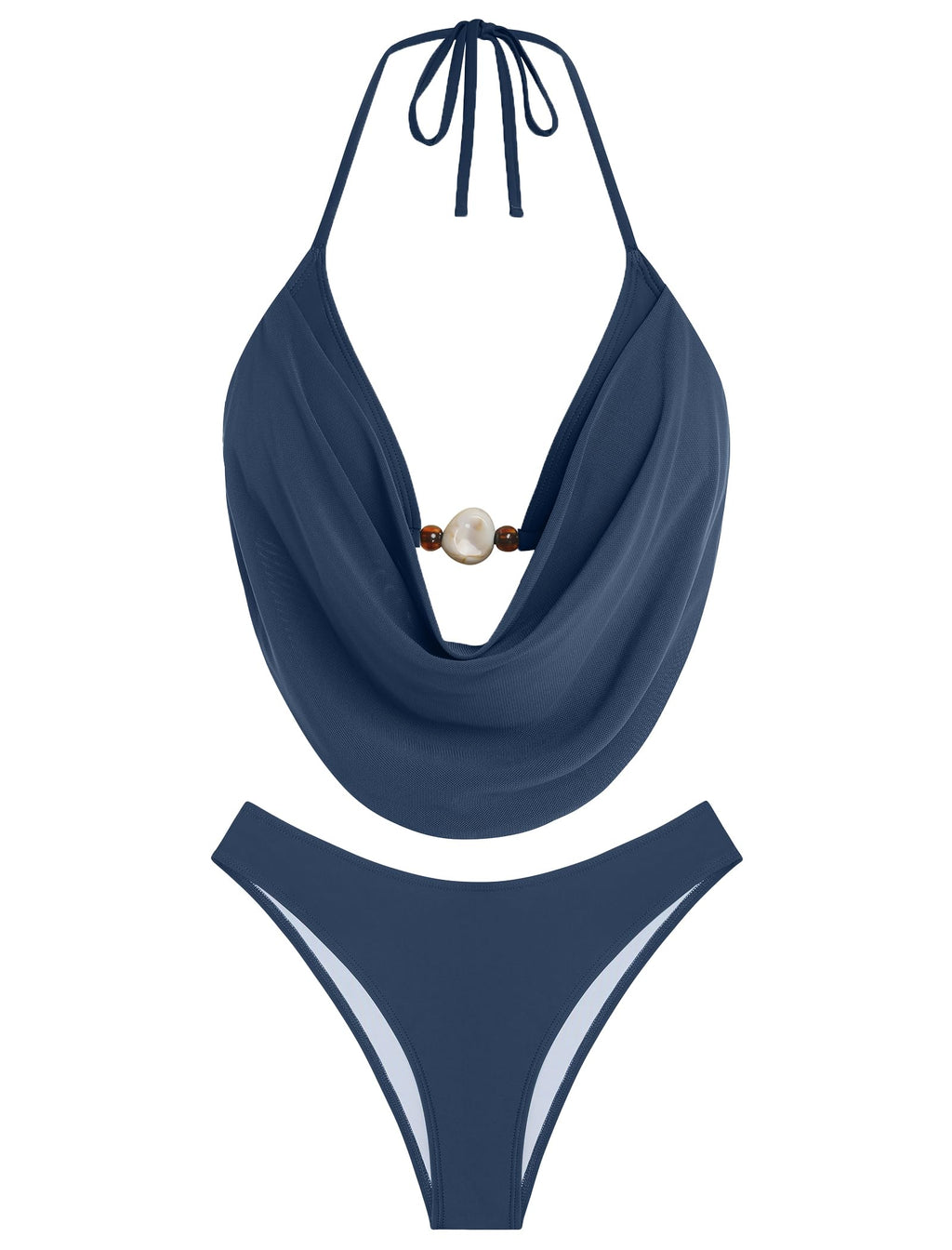 ZAFUL Women's Two Piece Bikini Sets Triangle Halter Swimsuit Deep V Cowl Neck Ruching Bathing Suits Grey Blue M