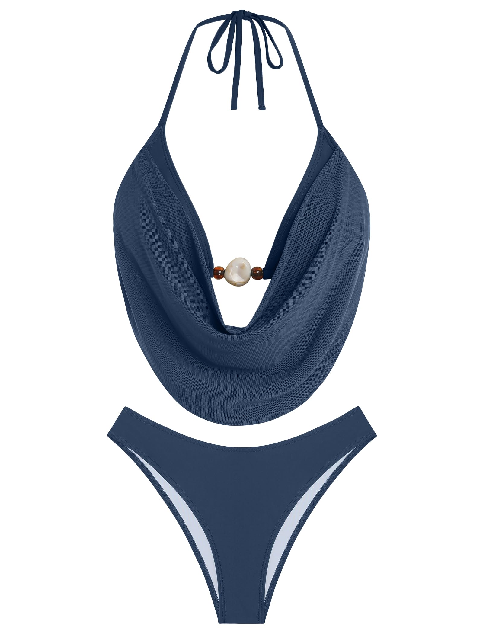 ZAFUL Women's Two Piece Bikini Sets Triangle Halter Swimsuit Deep V Cowl Neck Ruching Bathing Suits Grey Blue M