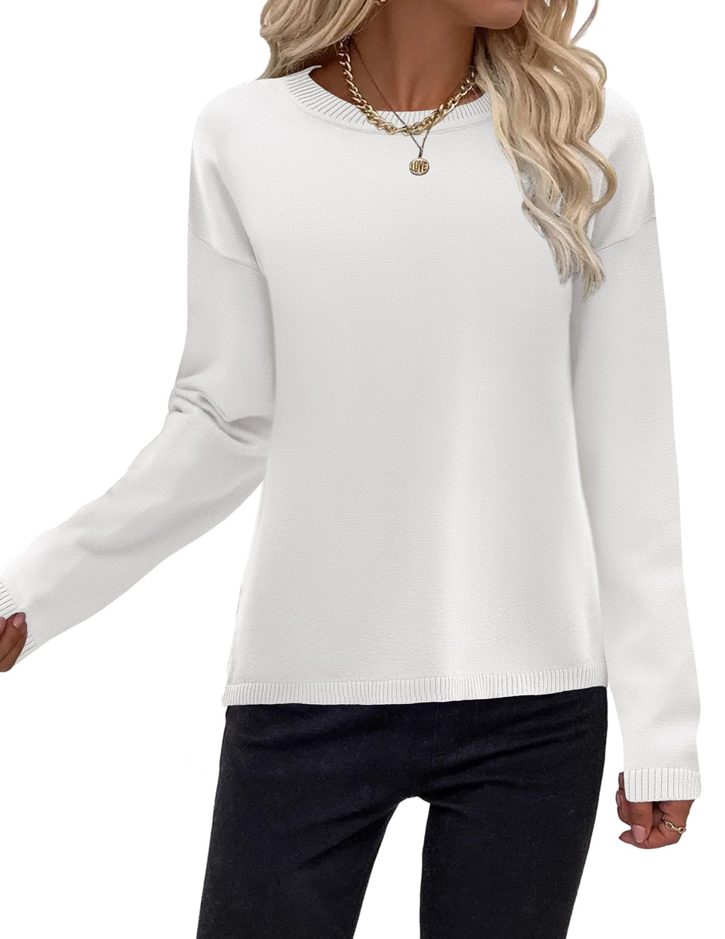 Zeagoo Womens Sweaters Crew Neck Long Sleeve Tops Casual Solid Color Knit Loose Pullover Fall Outfits White S