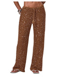 WDIRARA Women's Sequin Crochet Cover Up Pants Hollow Out Beach Pants Swimwear Rust Brown Medium