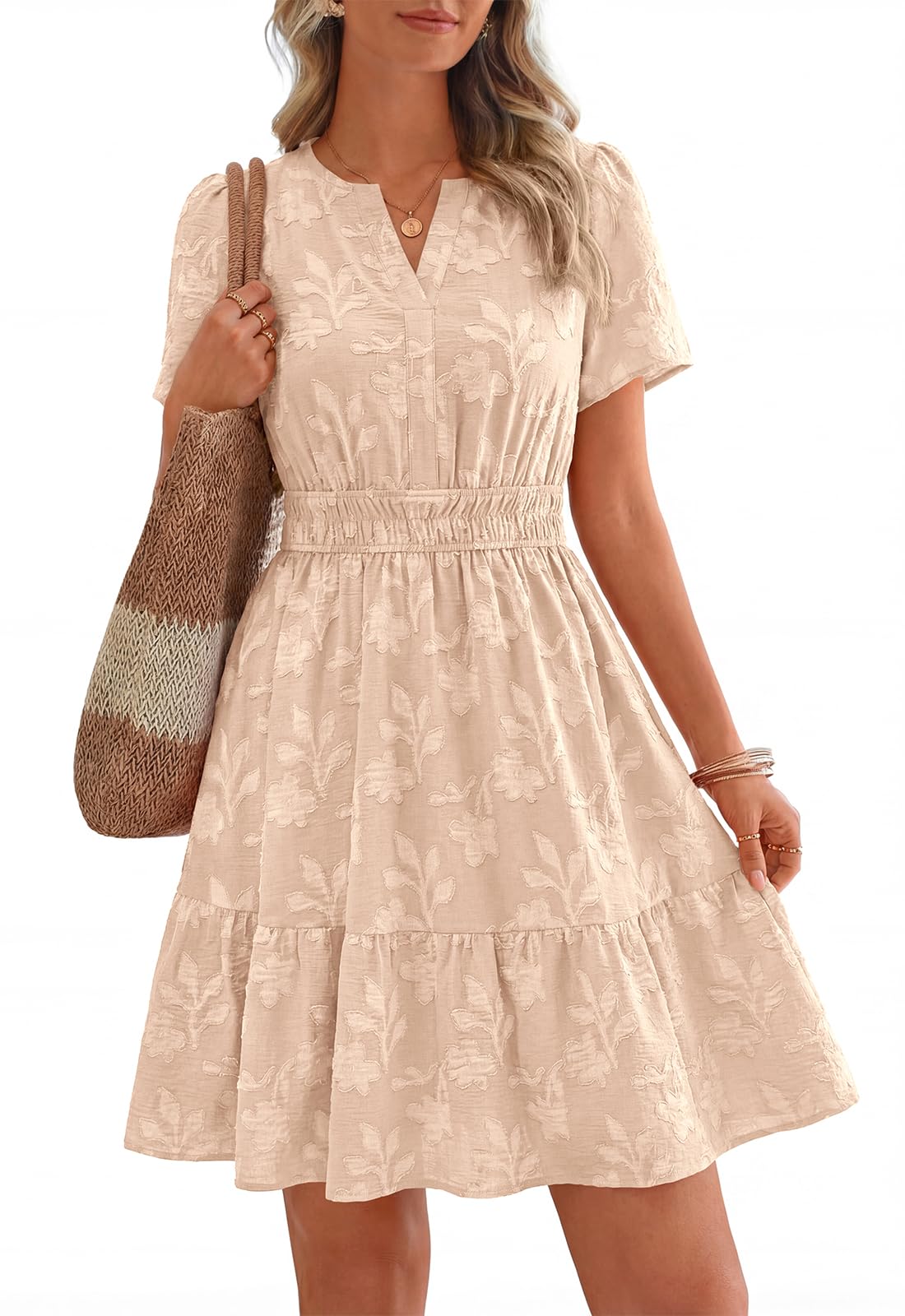 PRETTYGARDEN Summer Wedding Guest Dresses for Women Knee Length Short Sleeve V Neck Floral Boho Mini Dress with Pockets (Apricot, Small)