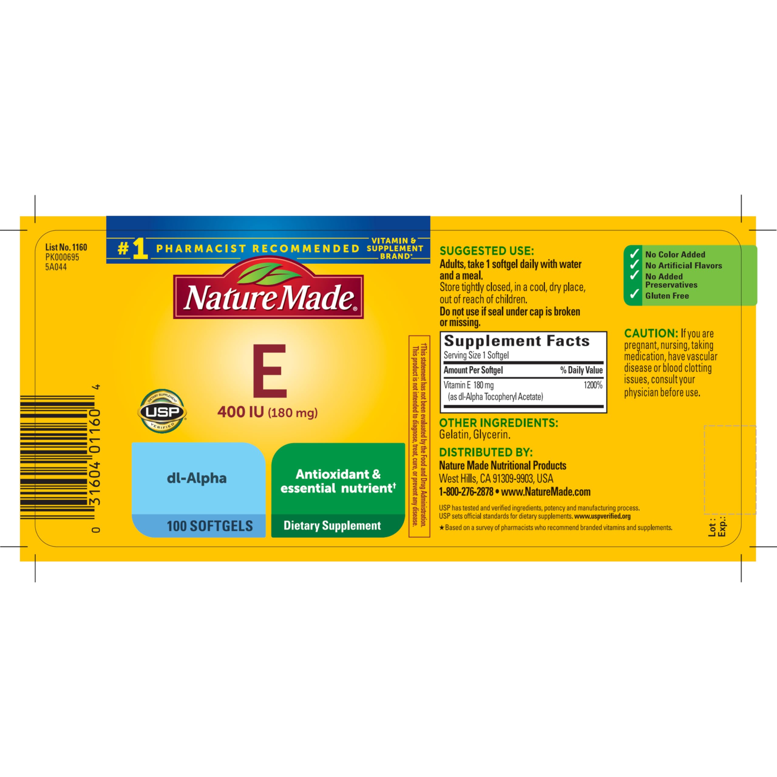 Nature Made Vitamin E 180 mg (400 IU) dl-Alpha, Dietary Supplement for Antioxidant and Skin Support, 100 Softgels, 100 Day Supply