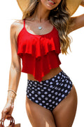 Womens High Waisted Bathing Suits Flounce Halter Tank Top Bikini Bottoms Tummy Control Modest Swimwear Two Piece Swimsuits Tankini Red Polka L