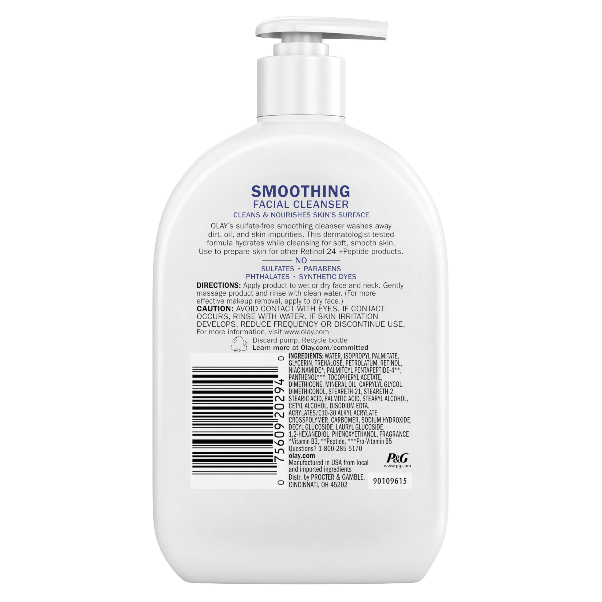 Olay Face Wash, Daily Facial Cleanser with Retinol, Peptides & Glycerin - Smoothing, Noursihes Skin Surface, Hydrates while Cleansing - Sulfate-Free, Paraben-Free, 16 Oz