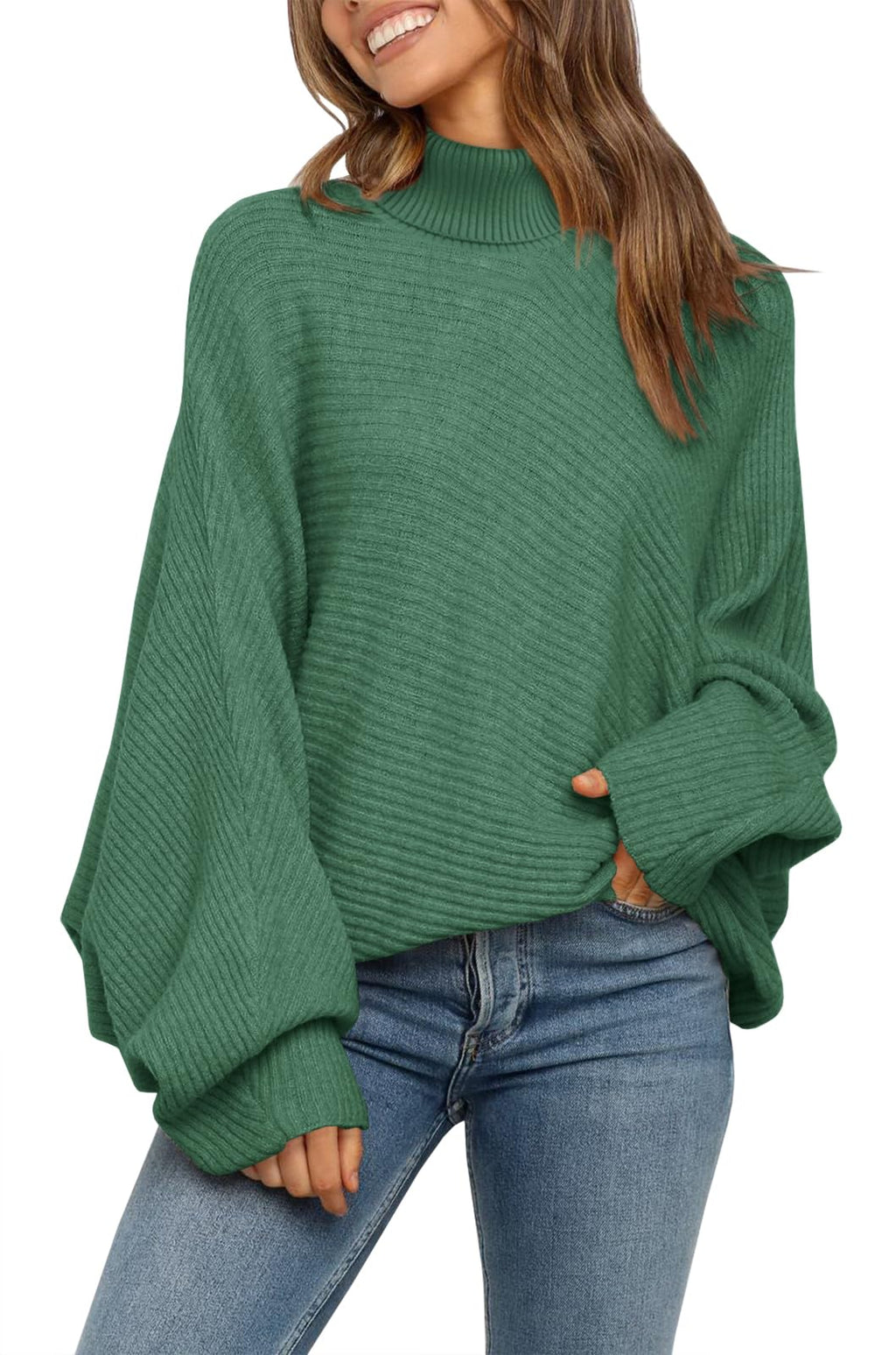 Mafulus Womens Oversized Turtleneck Sweaters Batwing Puff Long Sleeve Ribbed Knit Slouchy Pullover Jumper Tops
