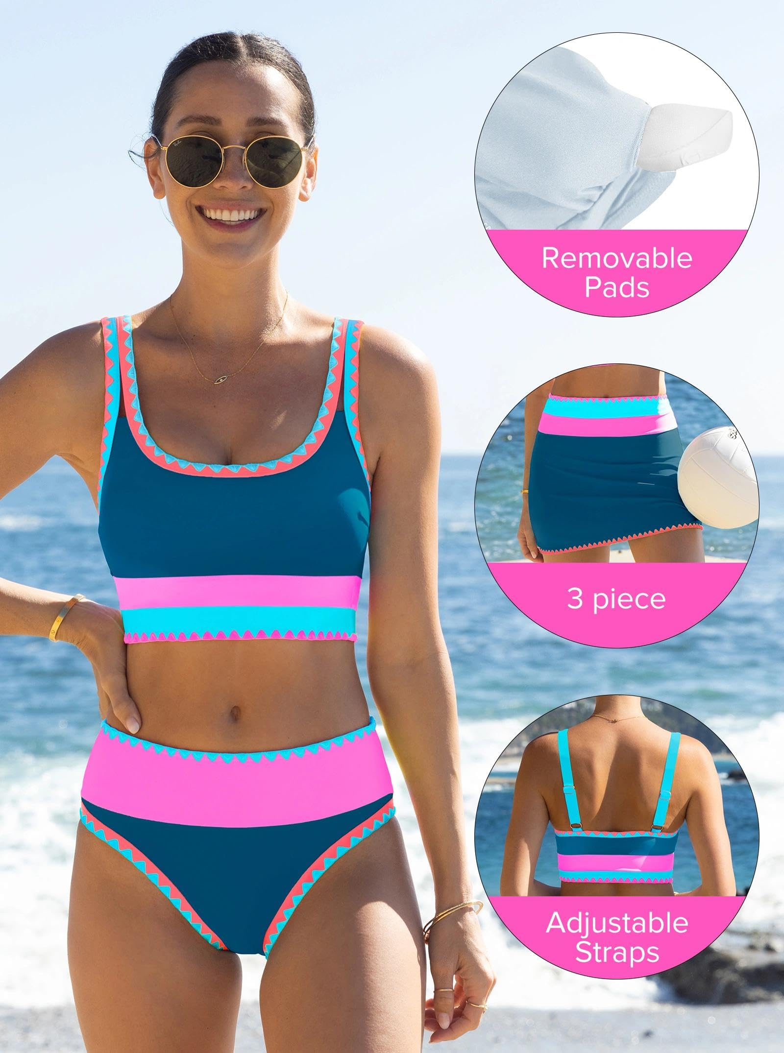 popvil High Waisted Bikini Sets for Women Tummy Control Swimsuits 3 Piece Bathing Suits Neon Swimwear with Skirt 2026 Darkblue