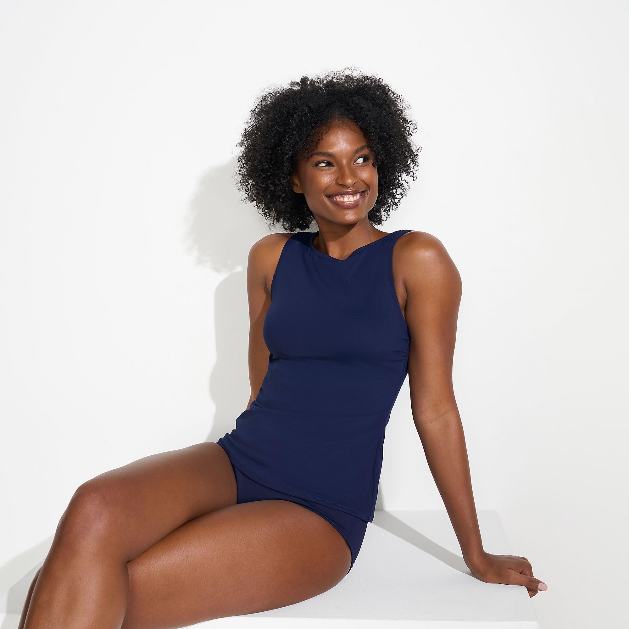Lands' End Womens Chlorine Resistant High Neck Tankini Top Deep Sea Navy Regular 2