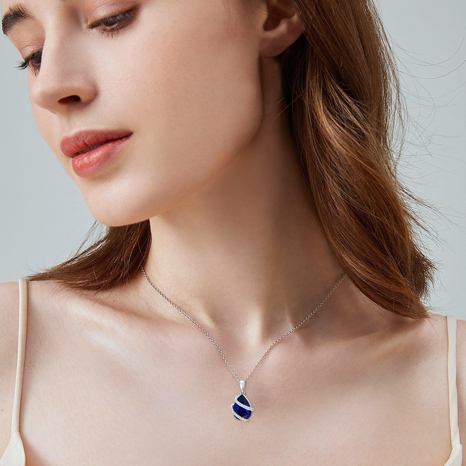 FYBIOD Pear Shaped Created Sapphire and Diamond Pendant Necklace for Women 925 Sterling Silver 2 Carat Teardrop Sapphire Necklace Birthday Gift for Her Mom