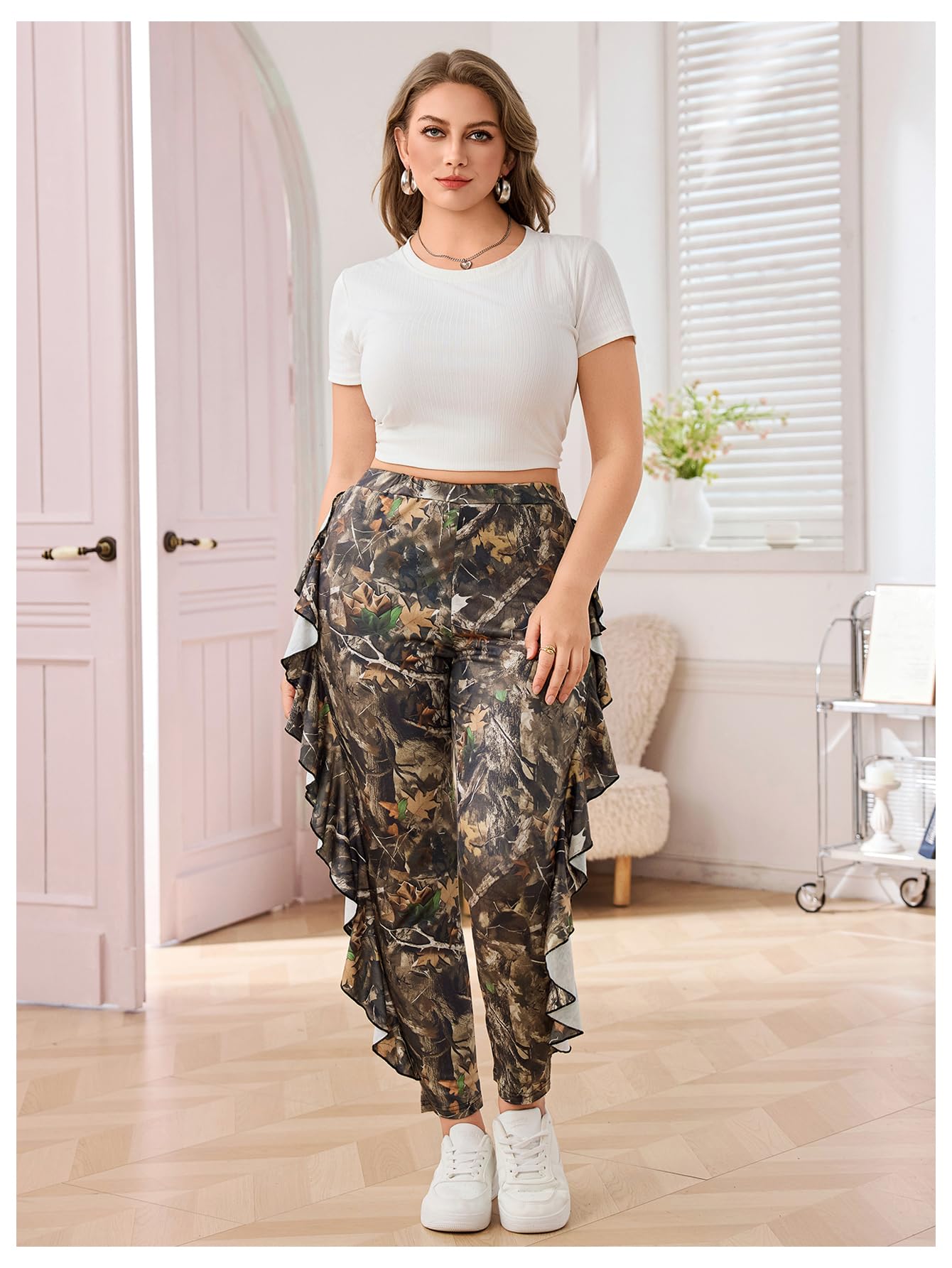 WDIRARA Women's Plus Size Ruffle Camo Print Pants Elastic High Waisted Leggings Skinny Pants Green Camo 4X-Large Plus