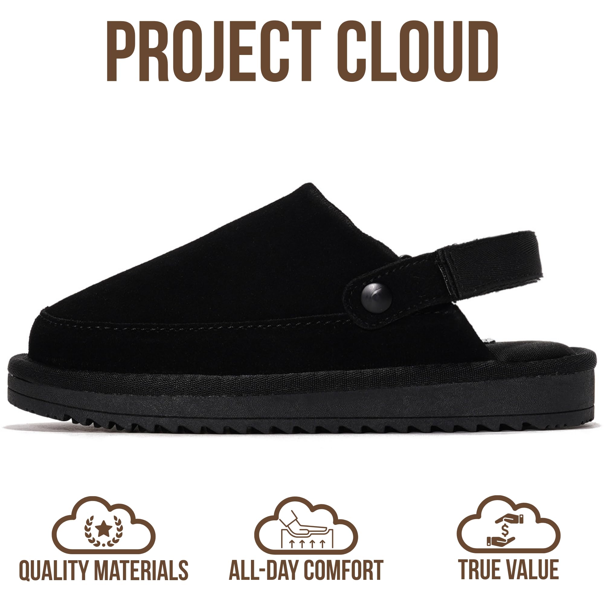 Project Cloud Kids Clogs Genuine Leather with Back Strap - Memory Foam & Lightweight Slip-on Boys and Girls Sandals Adjustable Straps & Non-Slip Clogs for Kids Sandals(LilGoldstar, BLKSUEDE, 10)