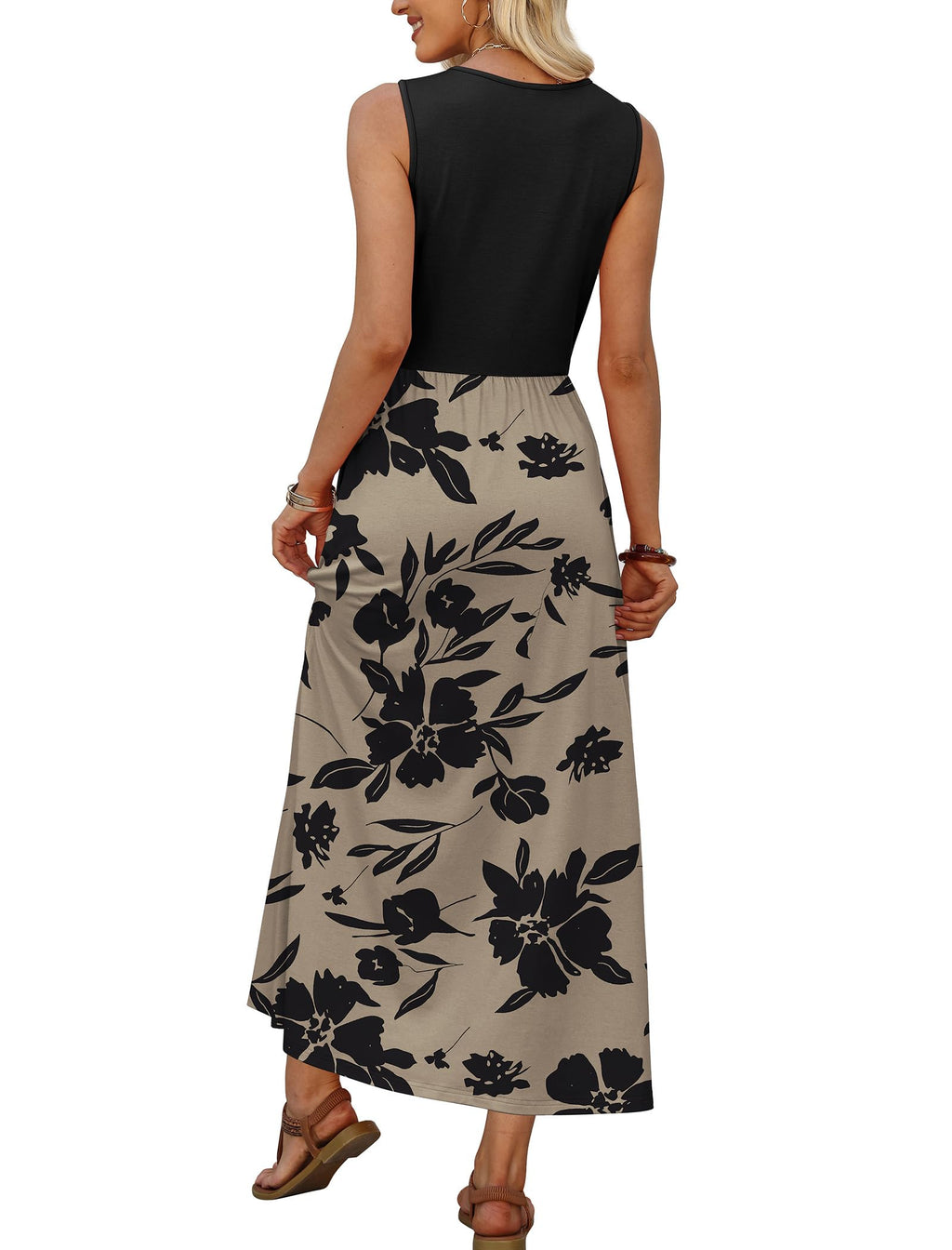Spring Dresses for Women Maxi Summer Dresses Flowy Floral Tank Dress Long Sleeveless Sundresses with Pockets 2026 Beach Vacation Travel Clothes Airport Outfits L