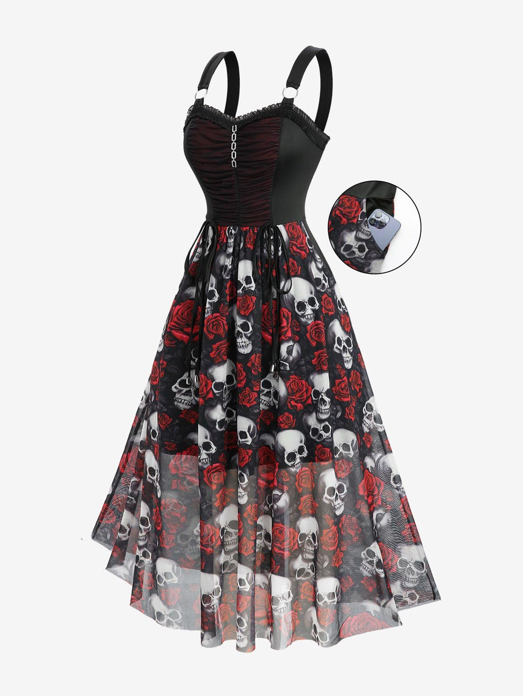 Rosegal Plus Size Gothic Dress for Women Halloween Costume Dress Skull Rose Print Mesh Maxi Tank Goth Swing Dresses Witchy Costume Vampire Dresses with Pockets(Red/1X)