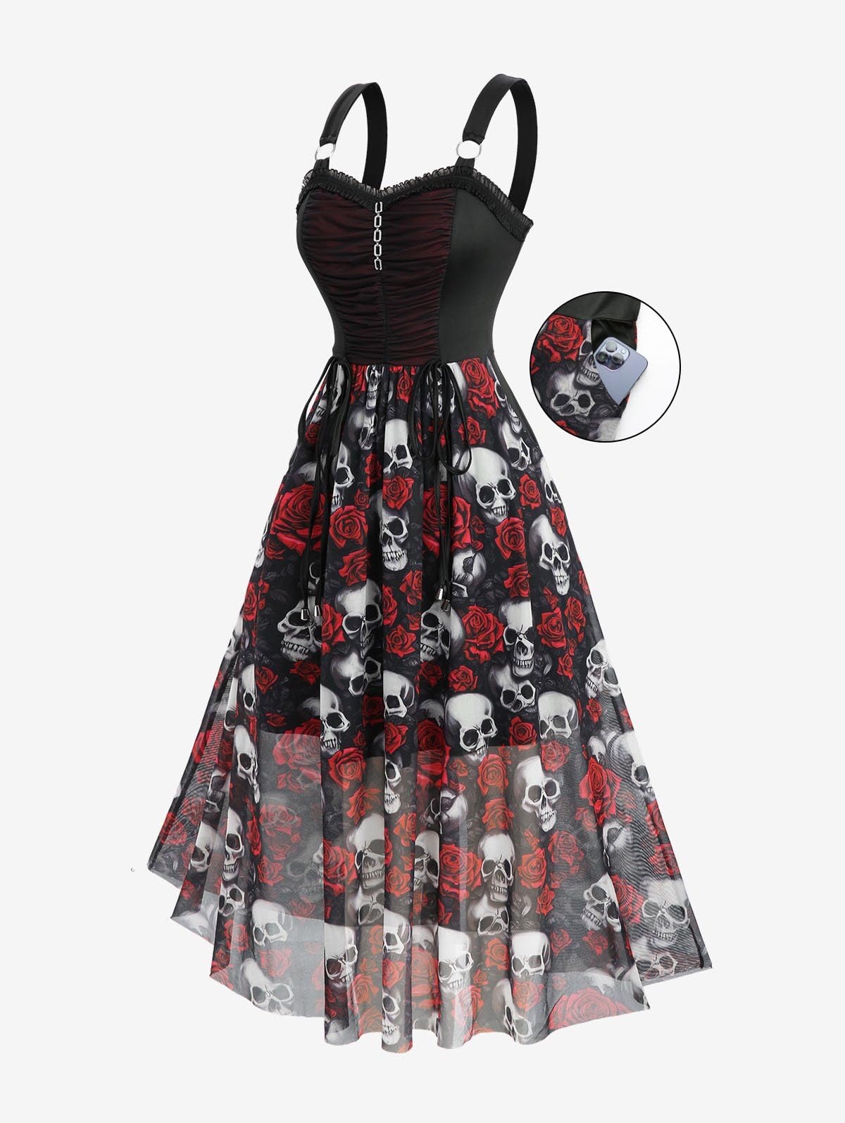 Rosegal Plus Size Gothic Dress for Women Halloween Costume Dress Skull Rose Print Mesh Maxi Tank Goth Swing Dresses Witchy Costume Vampire Dresses with Pockets(Red/L)