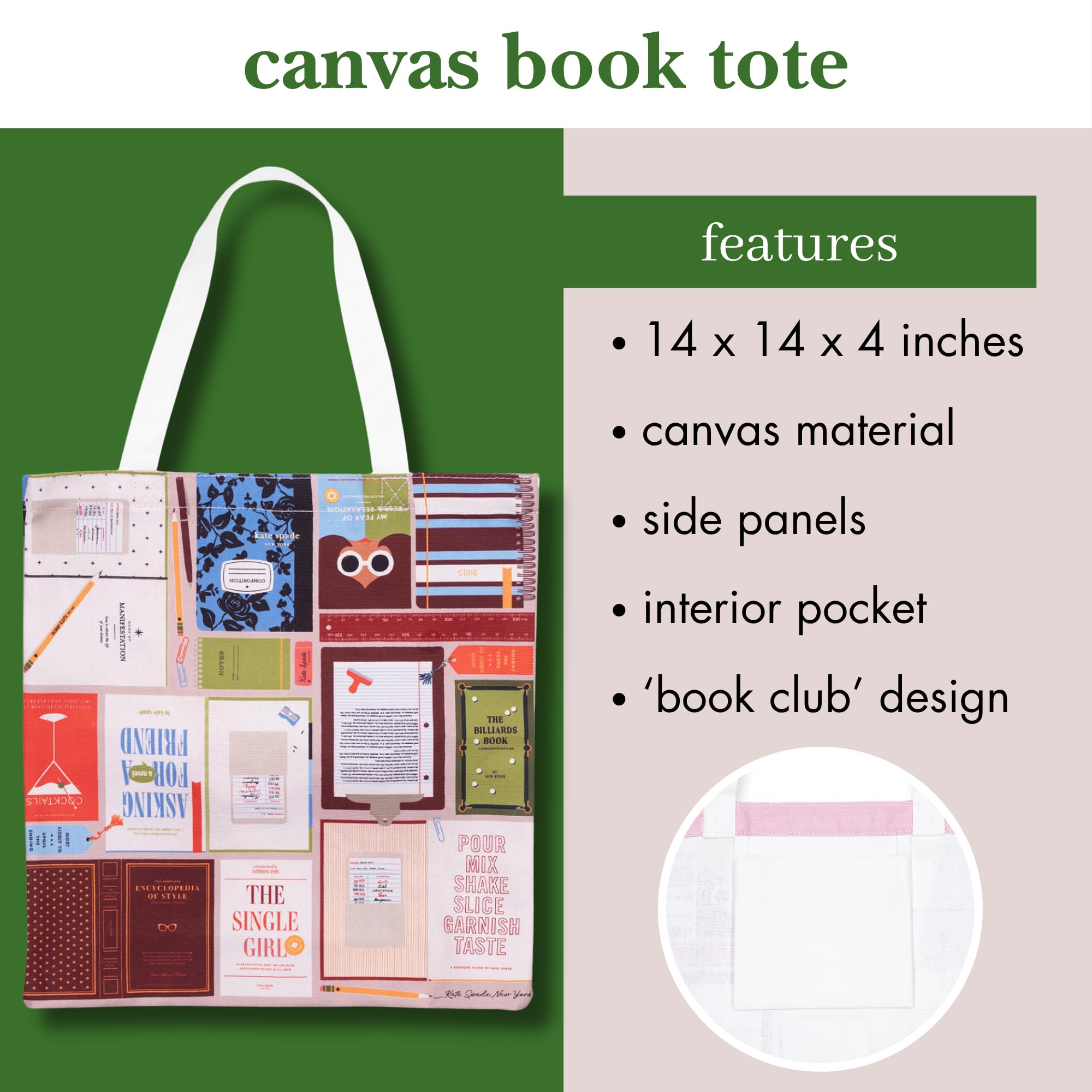 kate spade new york Cute Canvas Tote Bag for Women, Canvas Beach Bag, Book Tote with Pocket (Book Club)