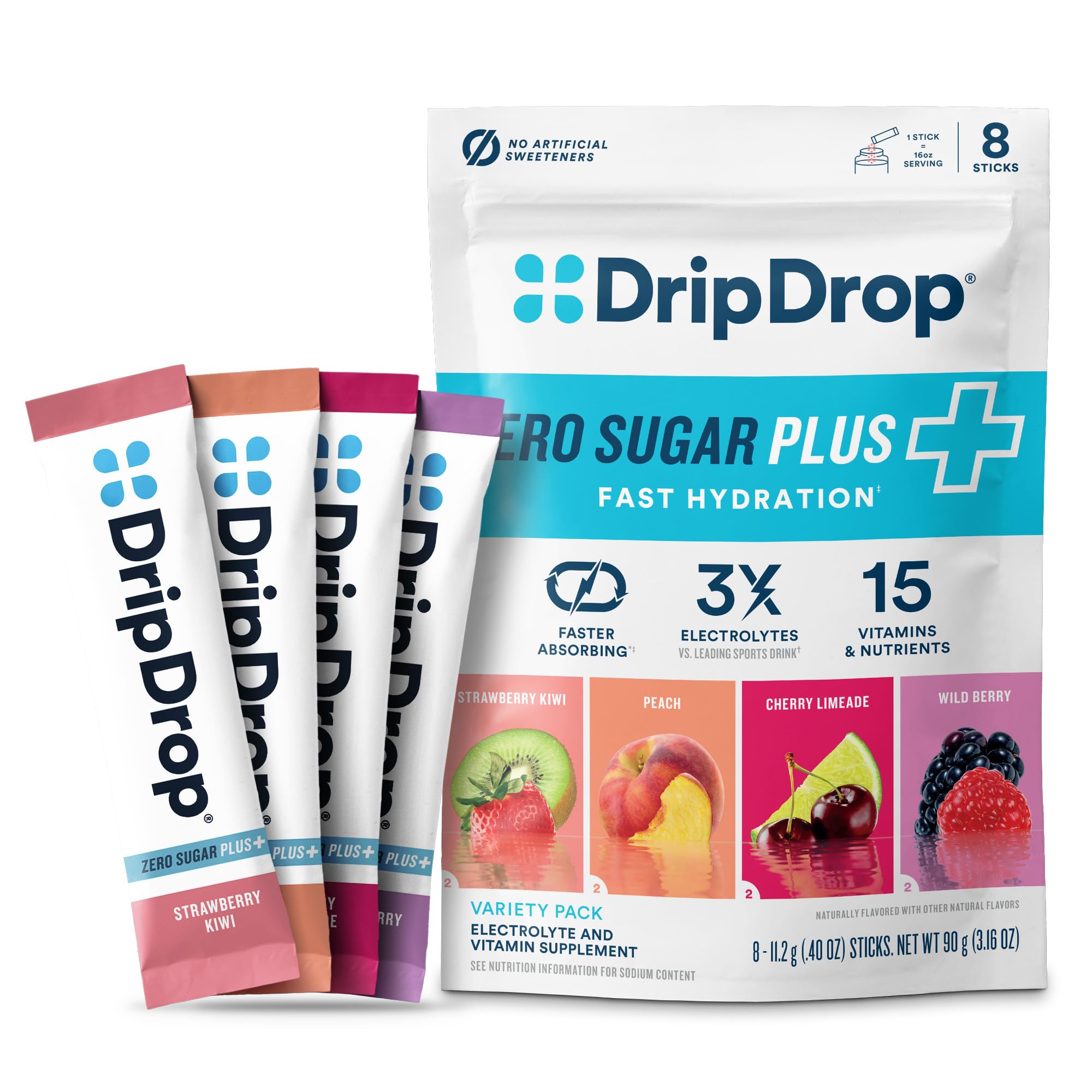 DripDrop Zero Sugar Plus - Sugar Free Hydration Packets - Single Serve Electrolytes Powder Drink Mix - Strawberry Kiwi, Peach, Cherry Limeade, Wild Berry - Non-GMO, Gluten Free, Vegan - 8 Sticks
