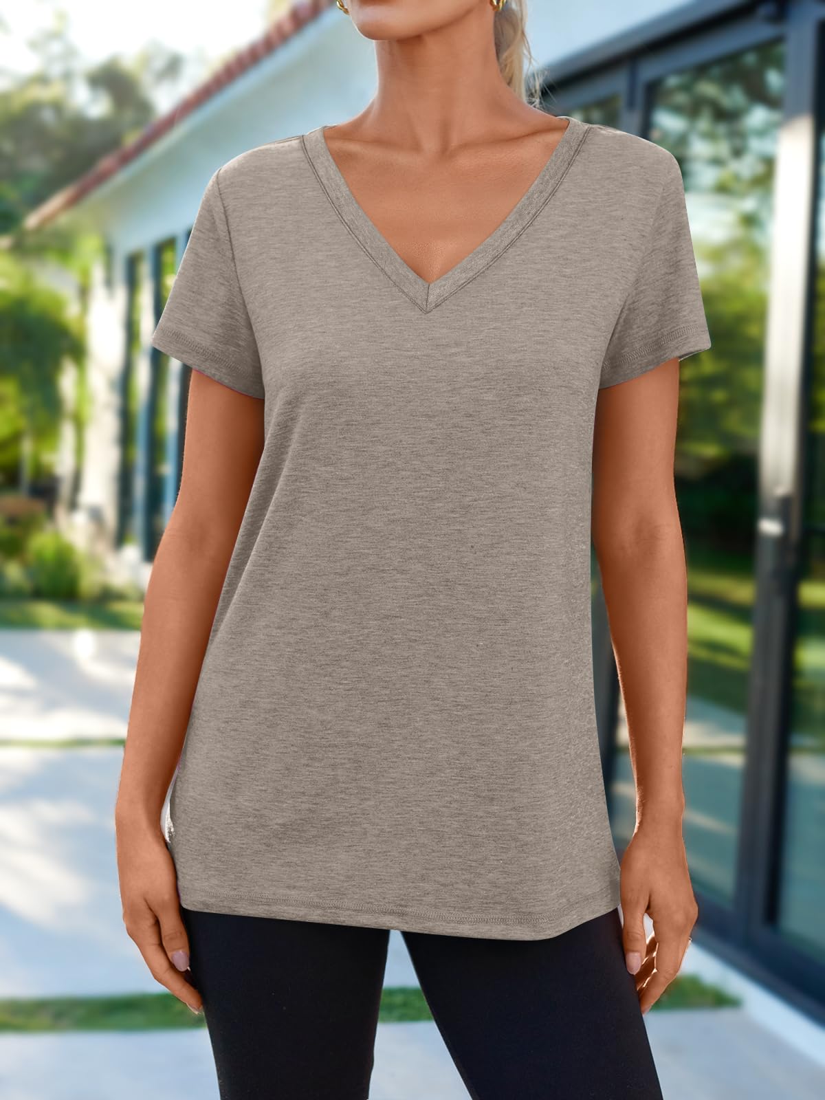 AUTOMET T-Shirts Short Sleeve V Neck Tees Tops for Women Fashion Trendy Lightweight Soft Casual Summer Outfits Clothes 2026 CoffeGrey XL