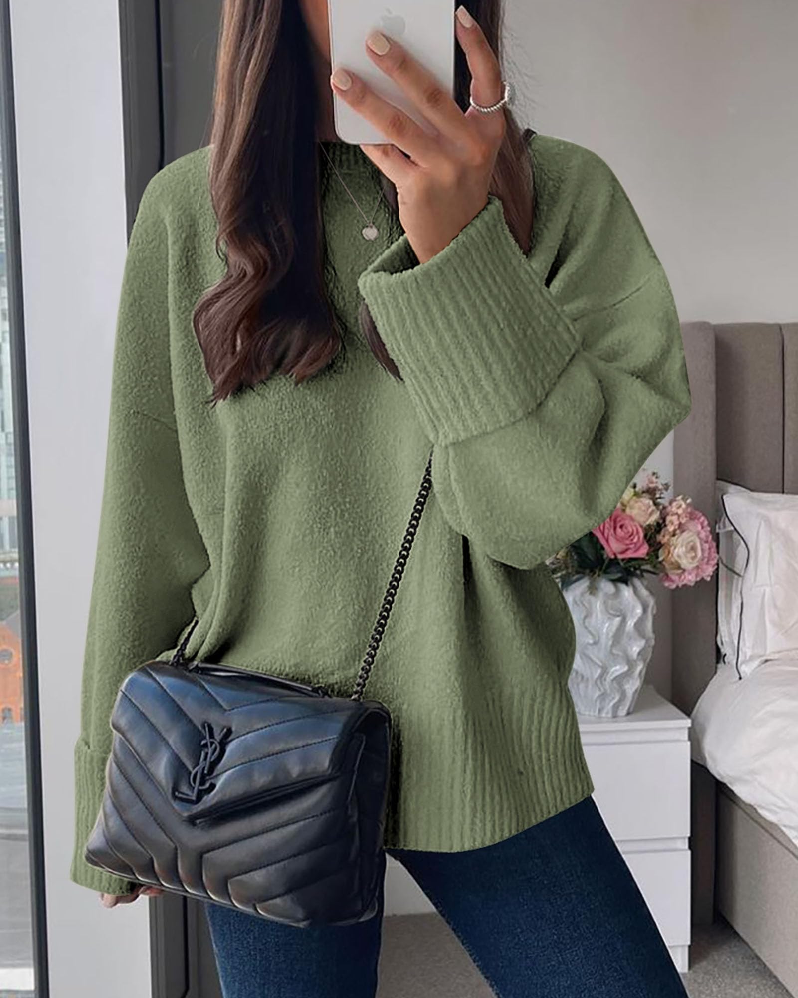 PRETTYGARDEN Women's Fall Oversized Sweaters Casual Crewneck Pullover Long Sleeve Fuzzy Chunky Knit Tops Blouse (Army Green,Large)