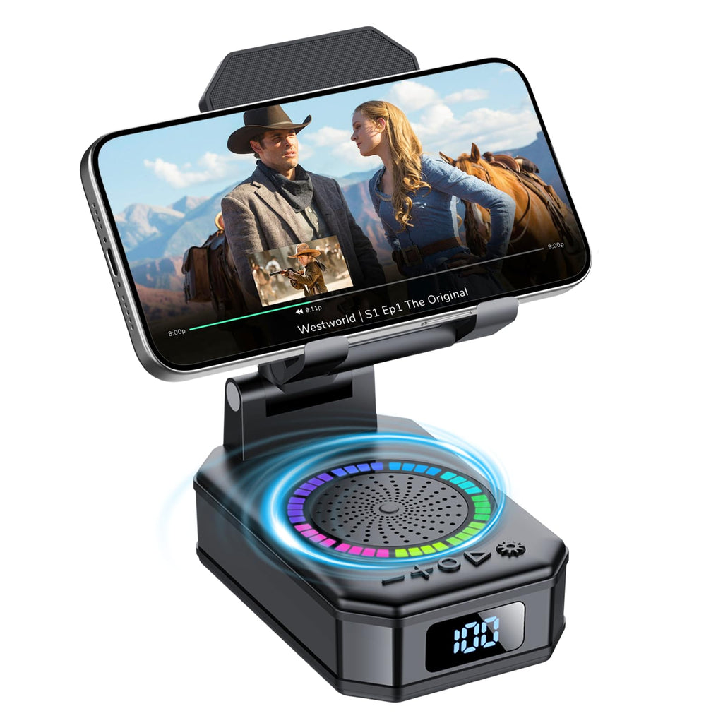 buwy Gifts for Men Women, Cell Phone Stand with Wireless Bluetooth Speaker and 8 RGB Ambient Light, Anti-Slip Base HD Surround Sound, Bluetooth Speaker for Desk Home and Outdoors