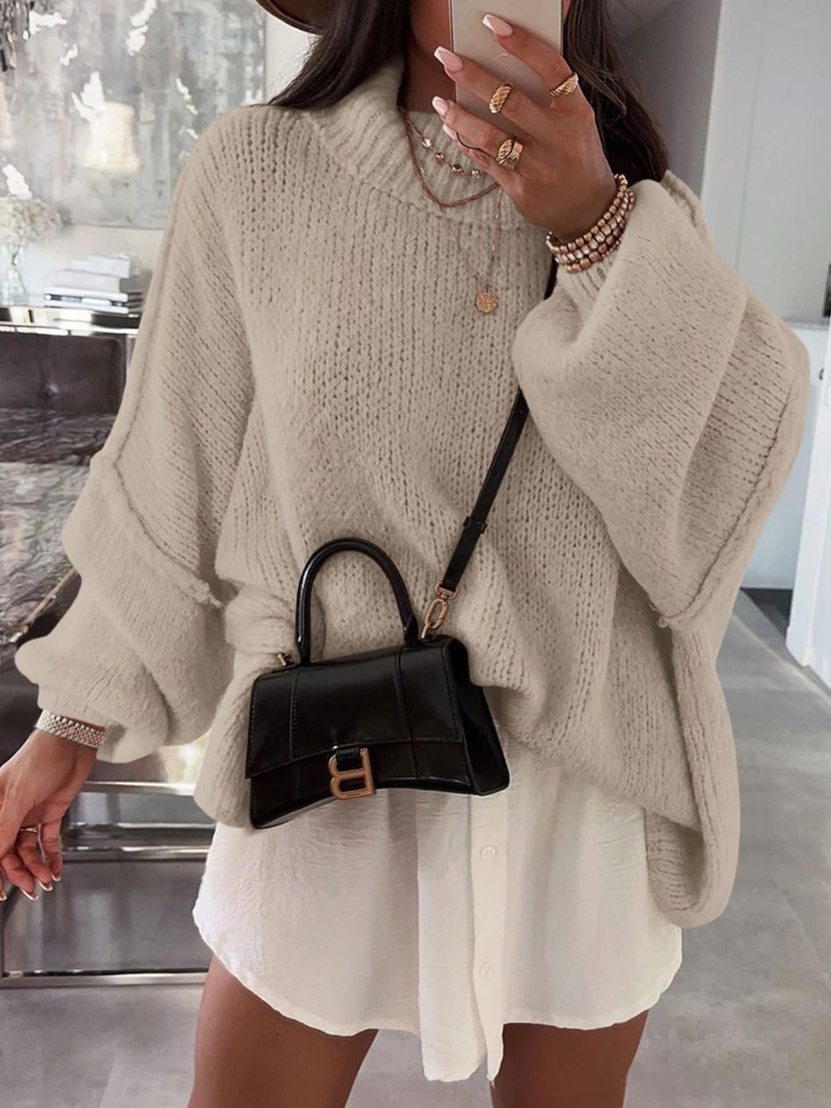Saodimallsu Womens Oversized Sweaters Mock Neck Batwing Long Sleeve 2025 Fall Trendy Ribbed Knit Casual Tunic Sweater Khaki