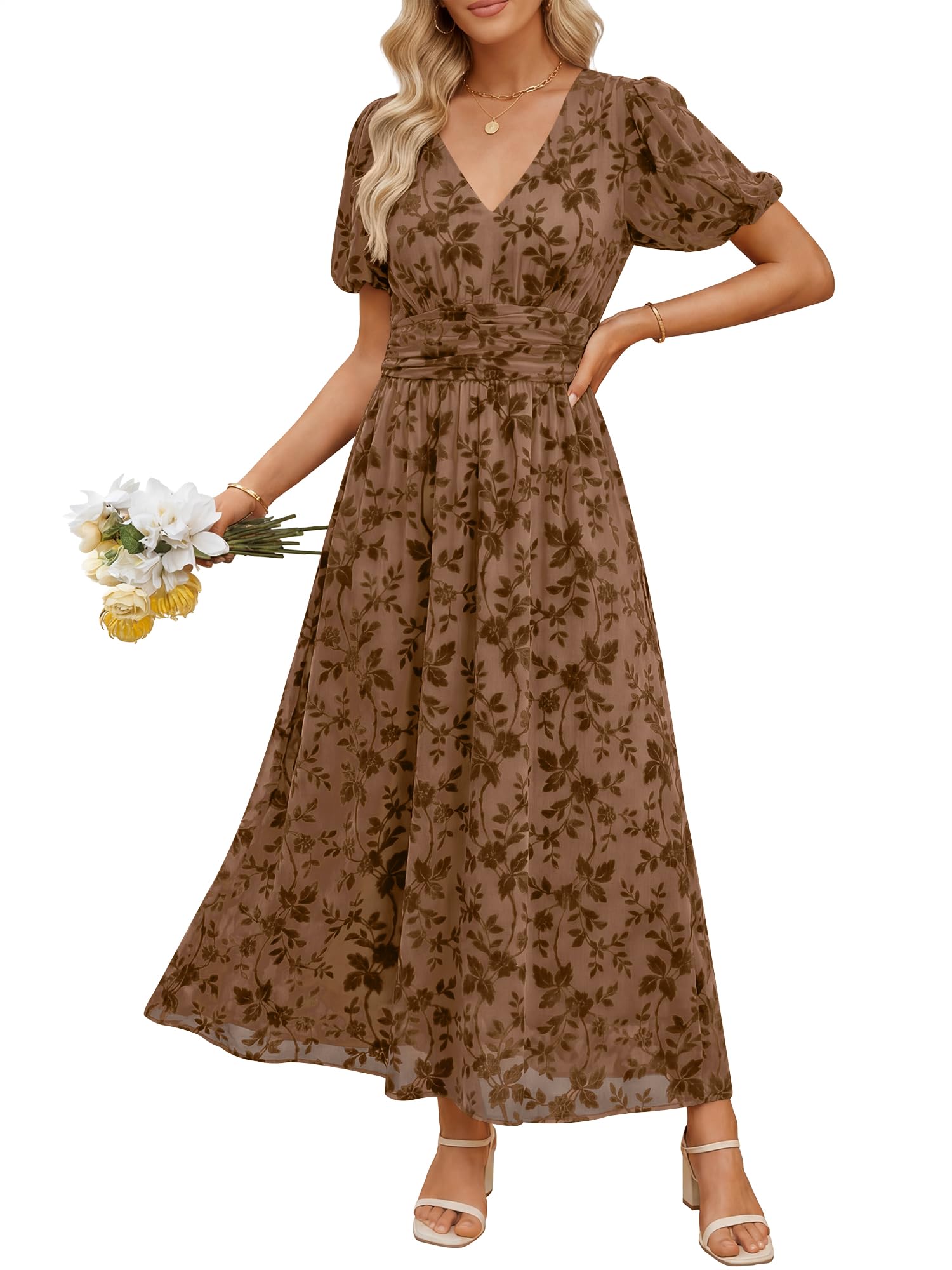 ANRABESS Women’s Floral Maxi Formal Dress Summer Mesh Short Sleeve V Neck Empire Waist Wedding Guest Party Dresses Coffee X-Large