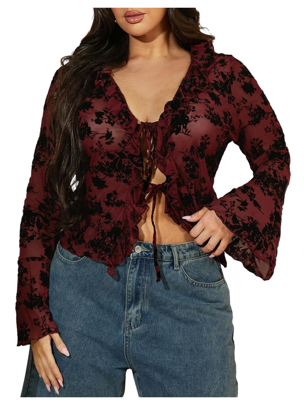 WDIRARA Women's Plus Size Floral Lace Sheer T Shirt Tie Front Long Bell Sleeve Tee Going Out Tops Burgundy X-Large Plus