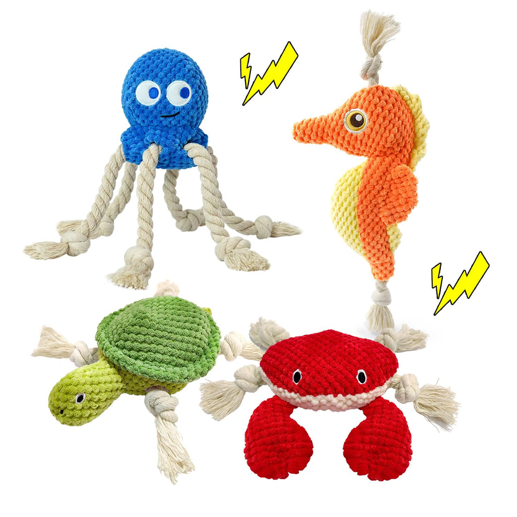 4-Pack Squeaky Dog Toys Set Sea Crinkle Plush Toy Rope Toys for Dogs Tug of War Toy & Oral Care Puppy Toys for Small Medium Large Dogs to Keep Them Busy: Stuffed Octopus, Crab,Seahorse,Turtle Pet Toys