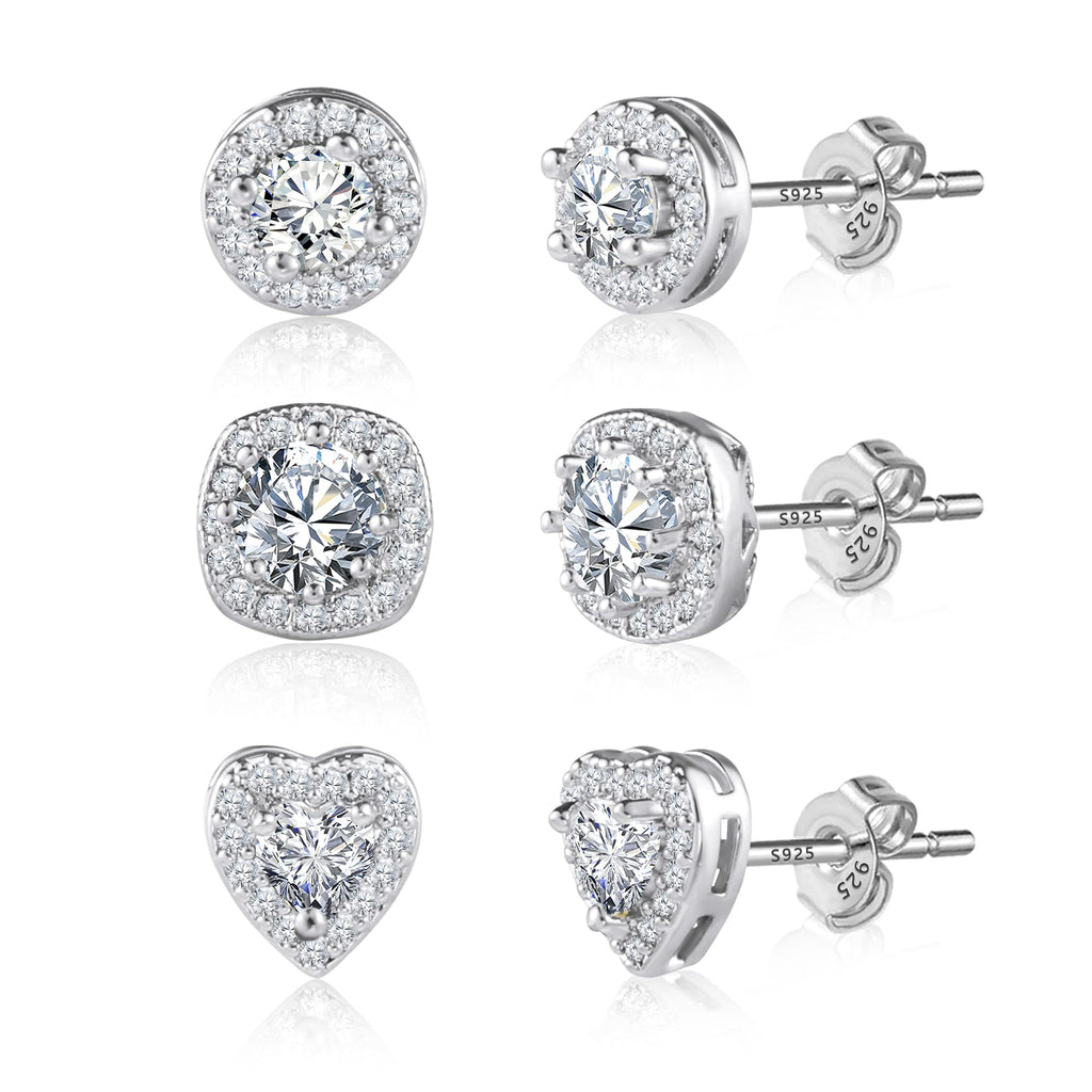 ALEXCRAFT Sterling Silver Halo Stud Earrings for Women Cubic Zirconia Round Heart Square Diamond Large Silver Studs Set Earring for Men 3 Pairs