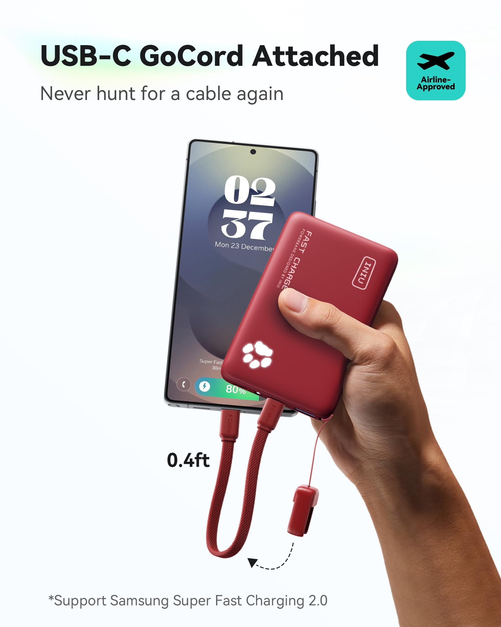 INIU 45W Fast Charging Portable Charger, 40% Smaller 10000mAh with Detachable Cable, Flight-Safe Travel Power Bank, USB C External Phone Battery Pack for Long Flight, Vacation, Cruise, Teens, Red