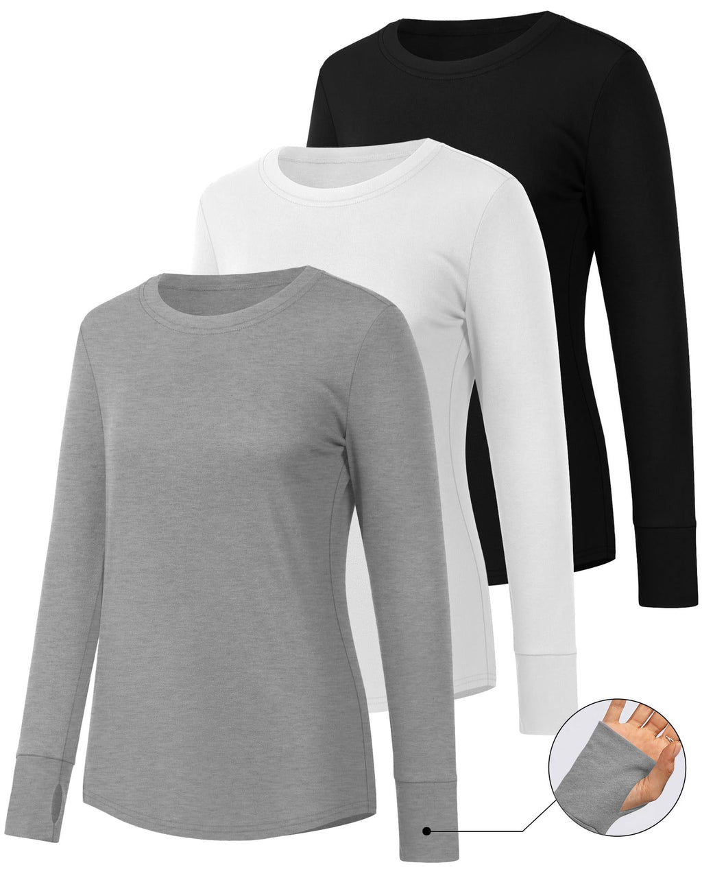 Huukeay 3 Pack Women's Long Sleeve Shirts with Thumb Holes, Cotton Casual Crew Neck Tunic Tops Fall Loose Y2k Trendy Outfits(Black, Grey, White,XL)