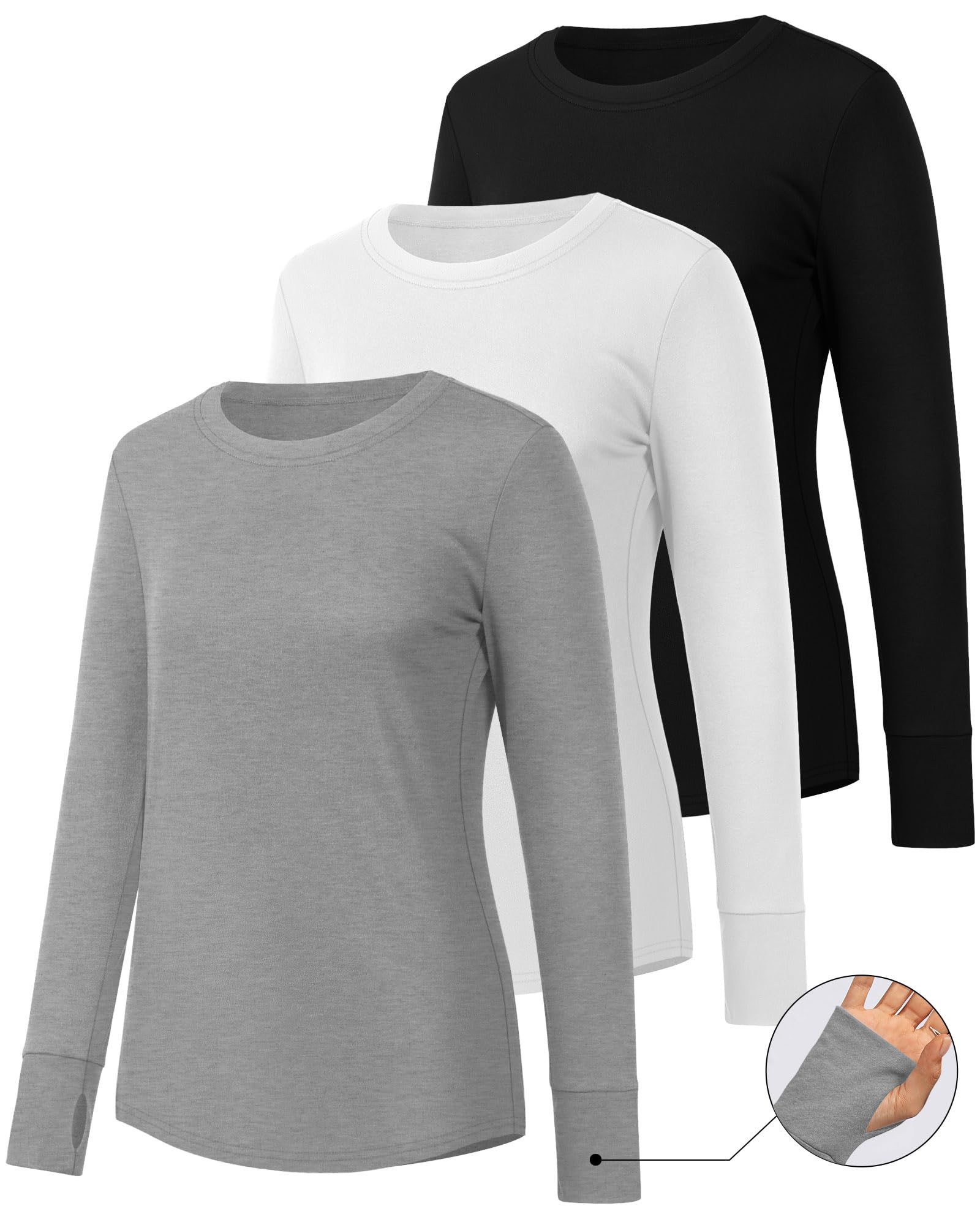 Huukeay 3 Pack Women's Long Sleeve Shirts with Thumb Holes, Cotton Casual Crew Neck Tunic Tops Fall Loose Y2k Trendy Outfits(Black, Grey, White,XL)