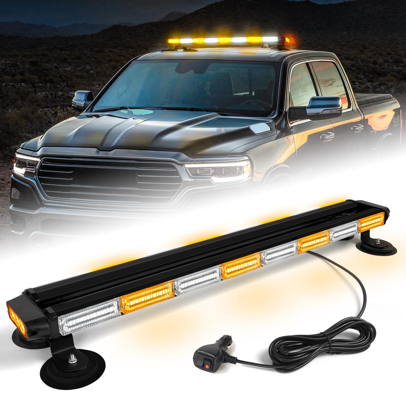 LRTER 34inch 166 LED Emergency Rooftop Strobe Lights Bar Flashing Safety Traffic Advisor Warning Hazard Snow Plow Light W/Magnet Base for Work Trucks Vehicles Construction Tow Pickup Amber White