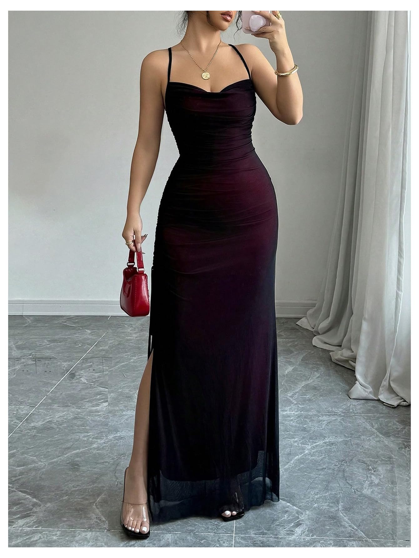 GORGLITTER Women's Mesh Maxi Dress Backless Wedding Guest Dress Ruched Drawstring Bodycon Cami Party Cocktail Dresses Purple Small