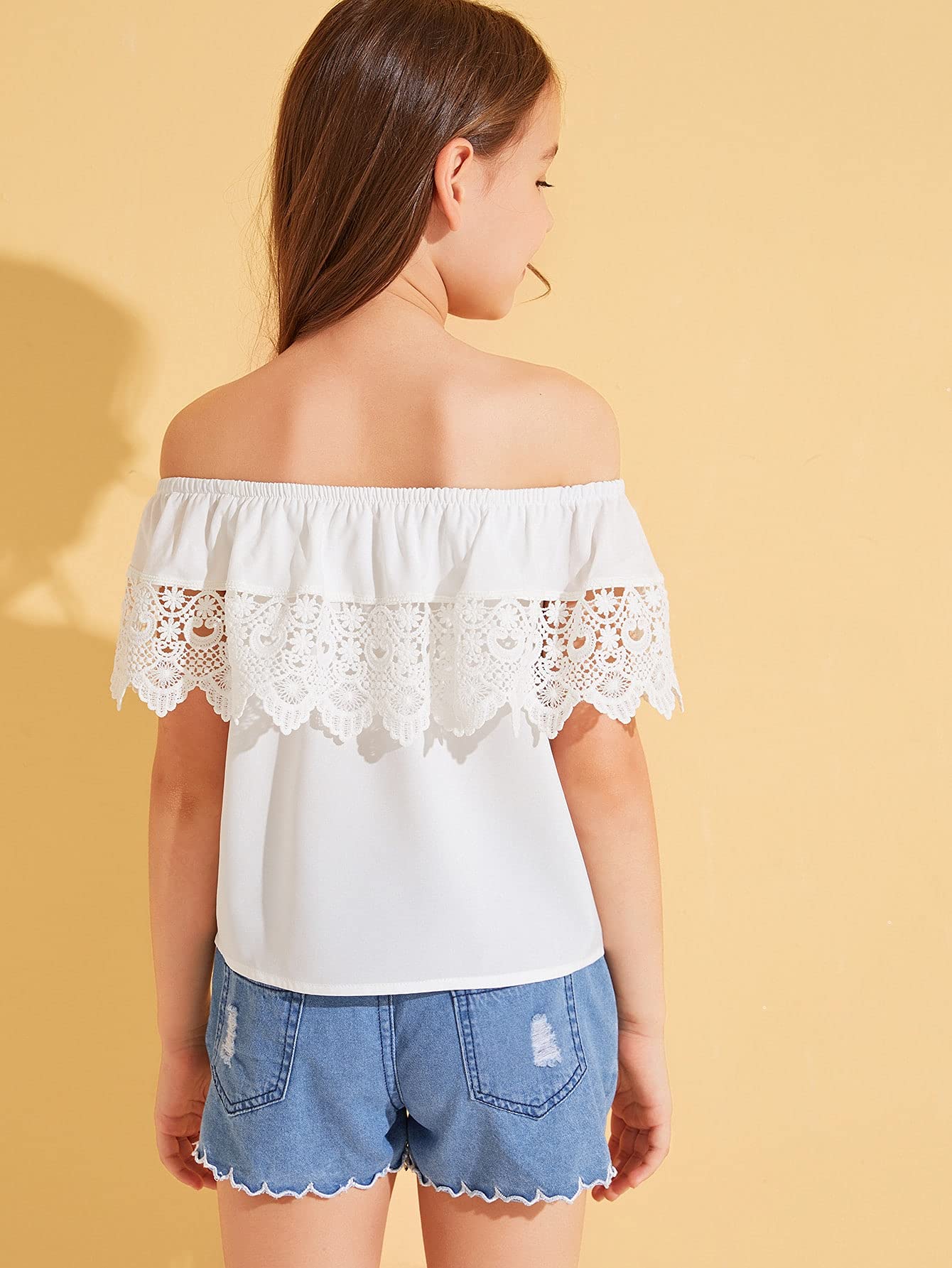 WDIRARA Girl's Off The Shoulder Ruffle Trim Lace Short Sleeve Blouse Top White 11-12Y