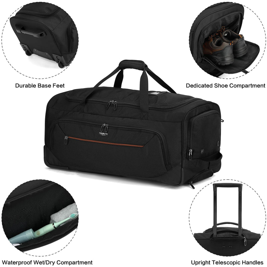TONRUYN Large Rolling Duffle Bag with Wheels and Handle 85L 29 inch Travel Duffel Bag for Men Women with Shoe Compartment & Wet Pocket, 2 Wheeled Checked Luggage for Business Travel Long Trips, Black