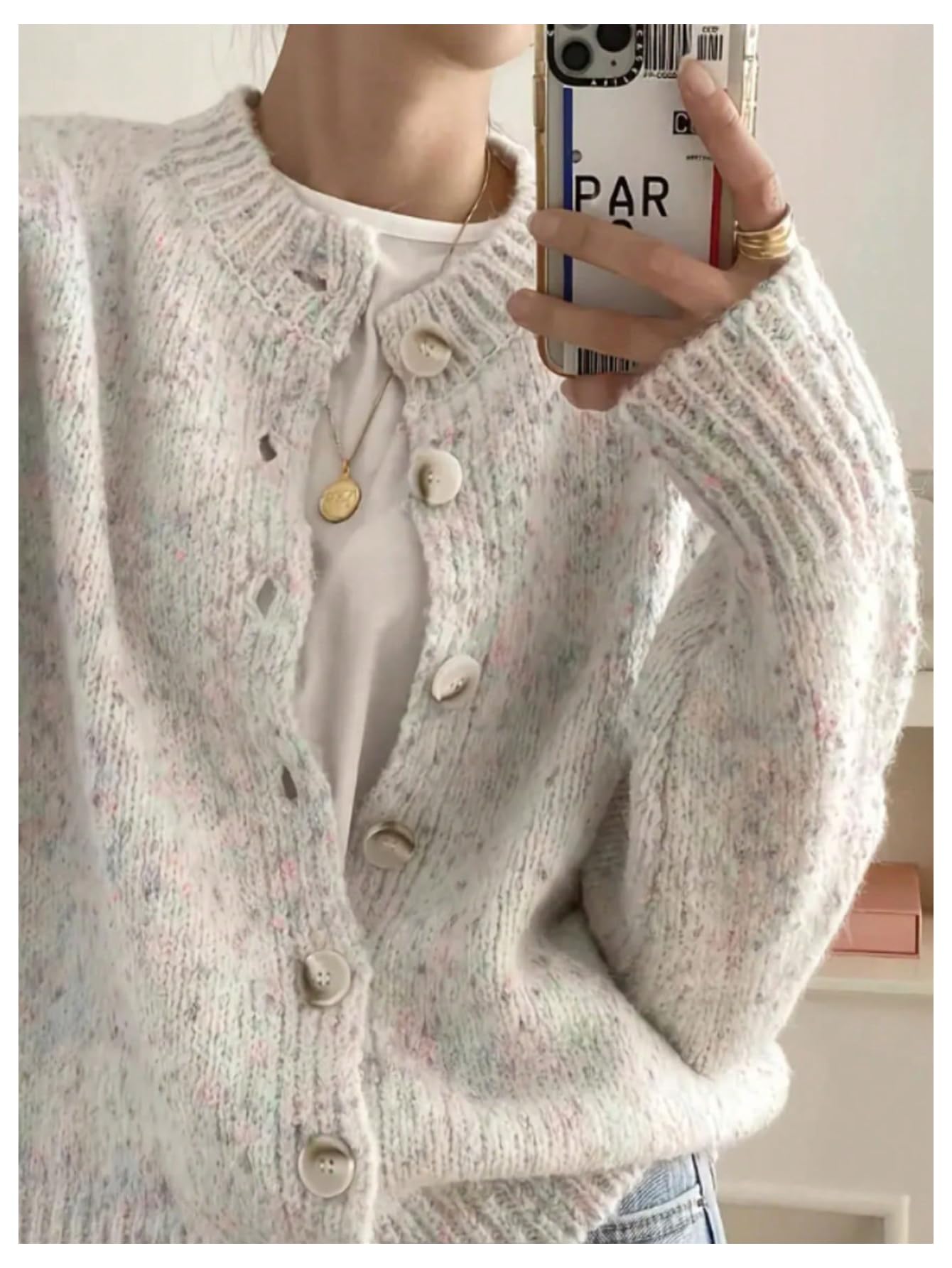 WDIRARA Women's Button Down Cardigan Sweaters Crewneck Long Sleeve Knit Outerwear Casual Knitwear Apricot Medium