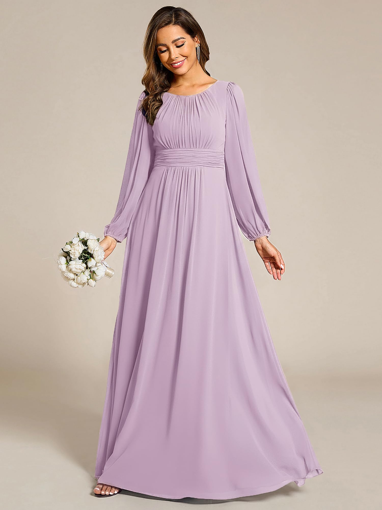 Ever-Pretty Women's Crewneck Long Lantern Sleeves Floor Length A-Line Pleated Chiffon Formal Dress Frosted Lilac US08