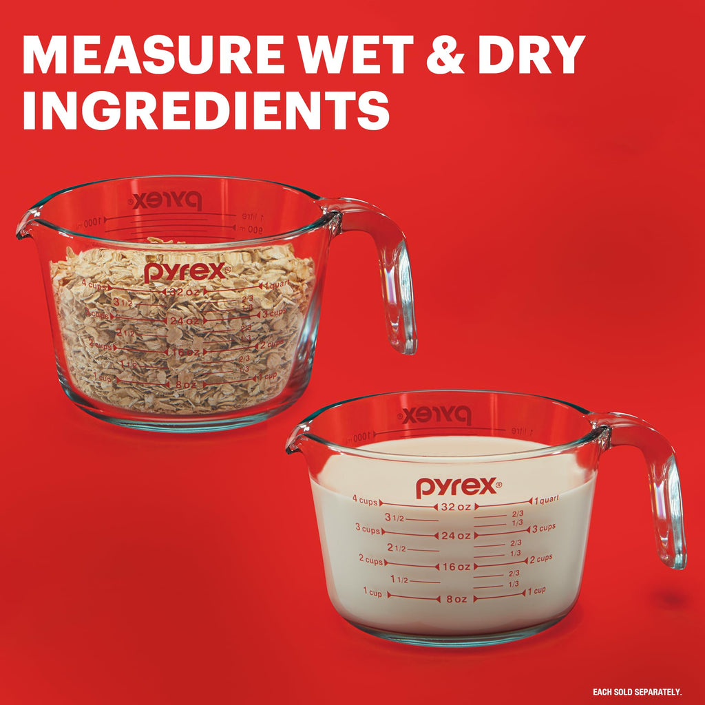 Pyrex Essentials (3-Pack) Glass Measuring Cups Set, (1, 2 & 4 Cup) Measuring Cups For Prepping, Baking and Cooking, Preheated Oven, Dishwasher, Freezer, and Microwave Safe