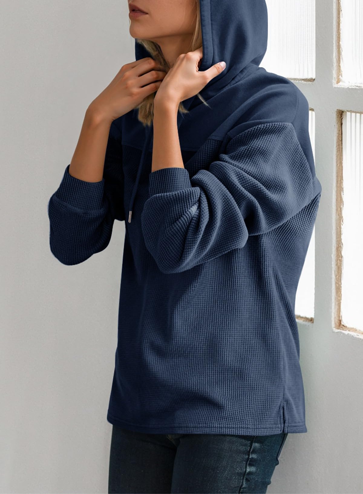 Dokotoo Sweatshirt for Women Trendy Waffle Knit Tops Casual Cute Solid Long Sleeve Women's Fashion Hoodies & Sweatshirts Fall 2025 Lightweight Drawstring Hoodie Dark Blue Large
