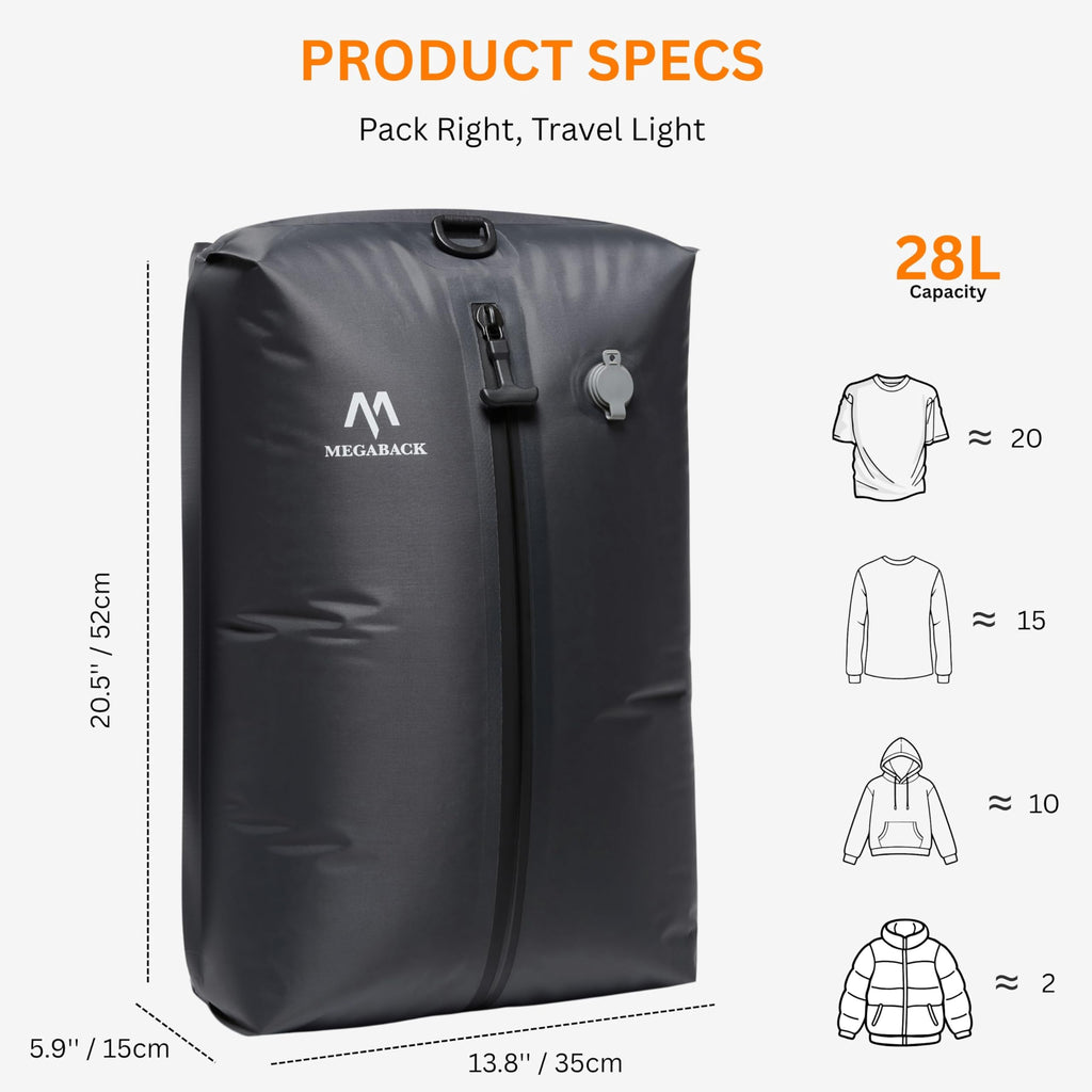 Megaback Vacuum Bags for Travel, IP67 Reusable Vacuum Seal Bags for Clothing with Electric Pump, Vacuum Seal Packing cube for Suitcases, Backpack & Travel (1PC+Pump)