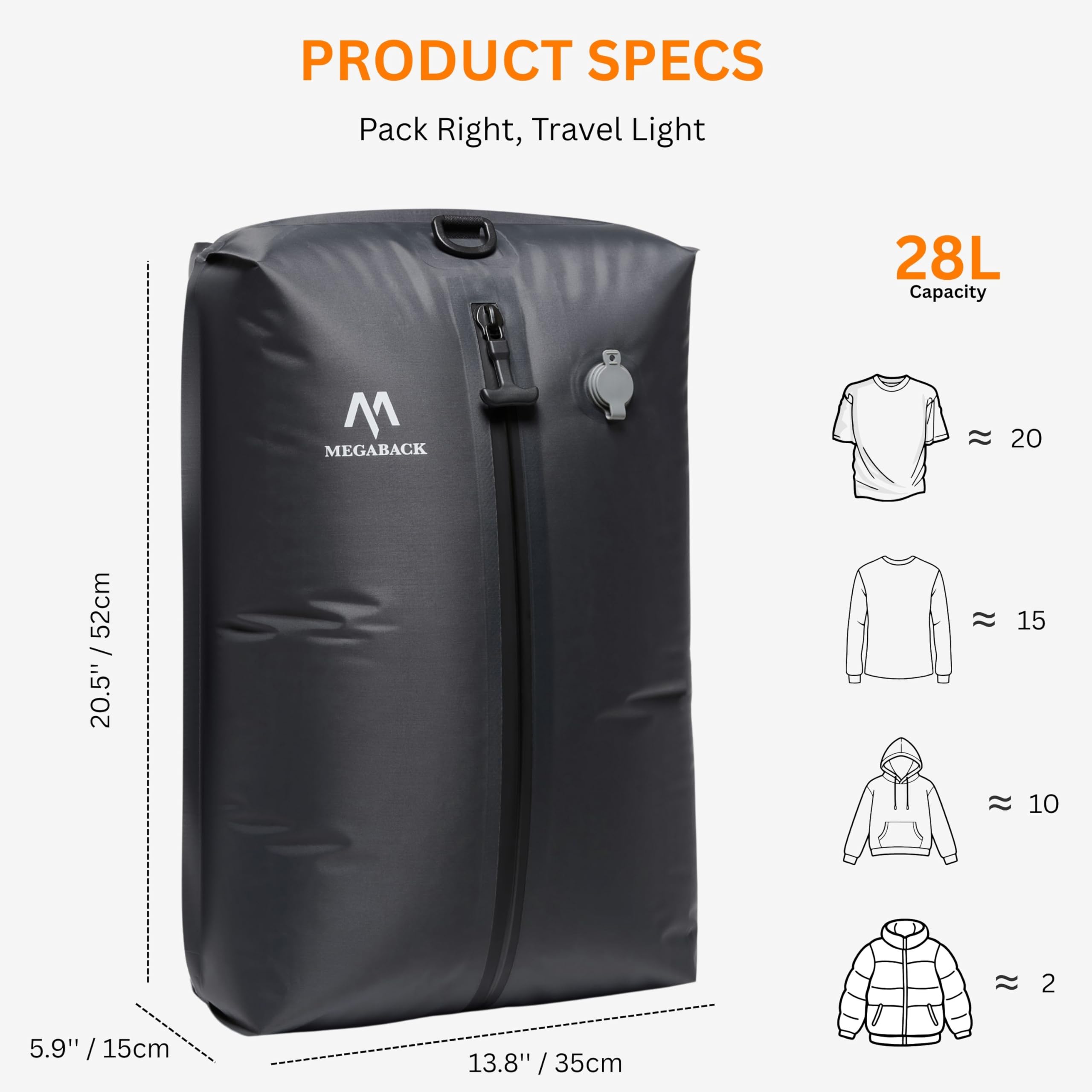 Megaback Vacuum Bags for Travel, IP67 Reusable Vacuum Seal Bags for Clothing with Electric Pump, Vacuum Seal Packing cube for Suitcases, Backpack & Travel (1PC+Pump)