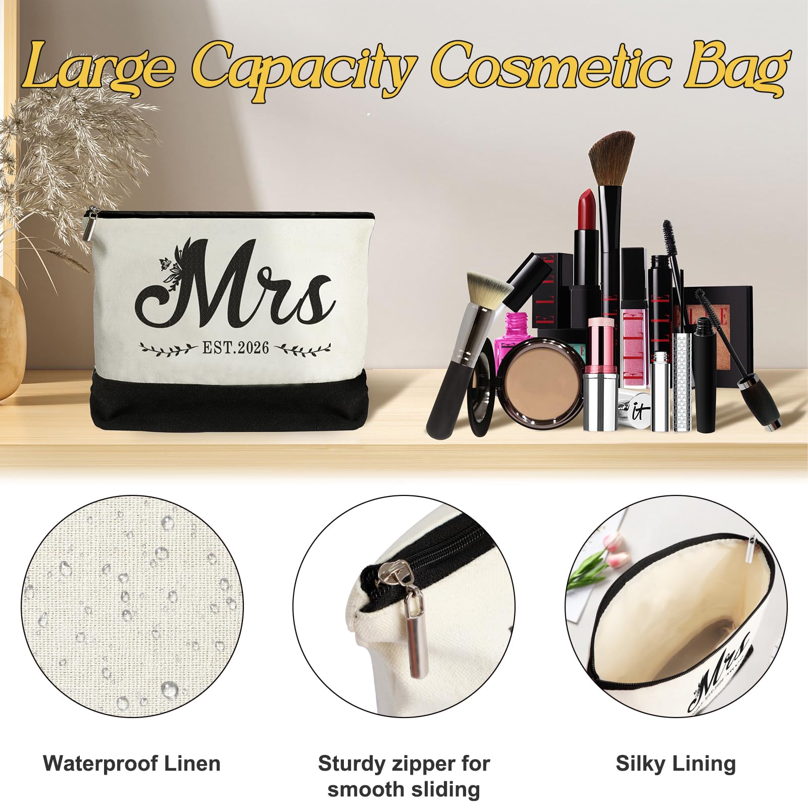Vanqruo Mrs 2026 Bride Canvas Tote Bag with Makeup Bag, Wedding Gifts for Bridal Shower Bachelorette Party Engagement Honeymoon, Miss to Mrs, Bride to Be Gifts
