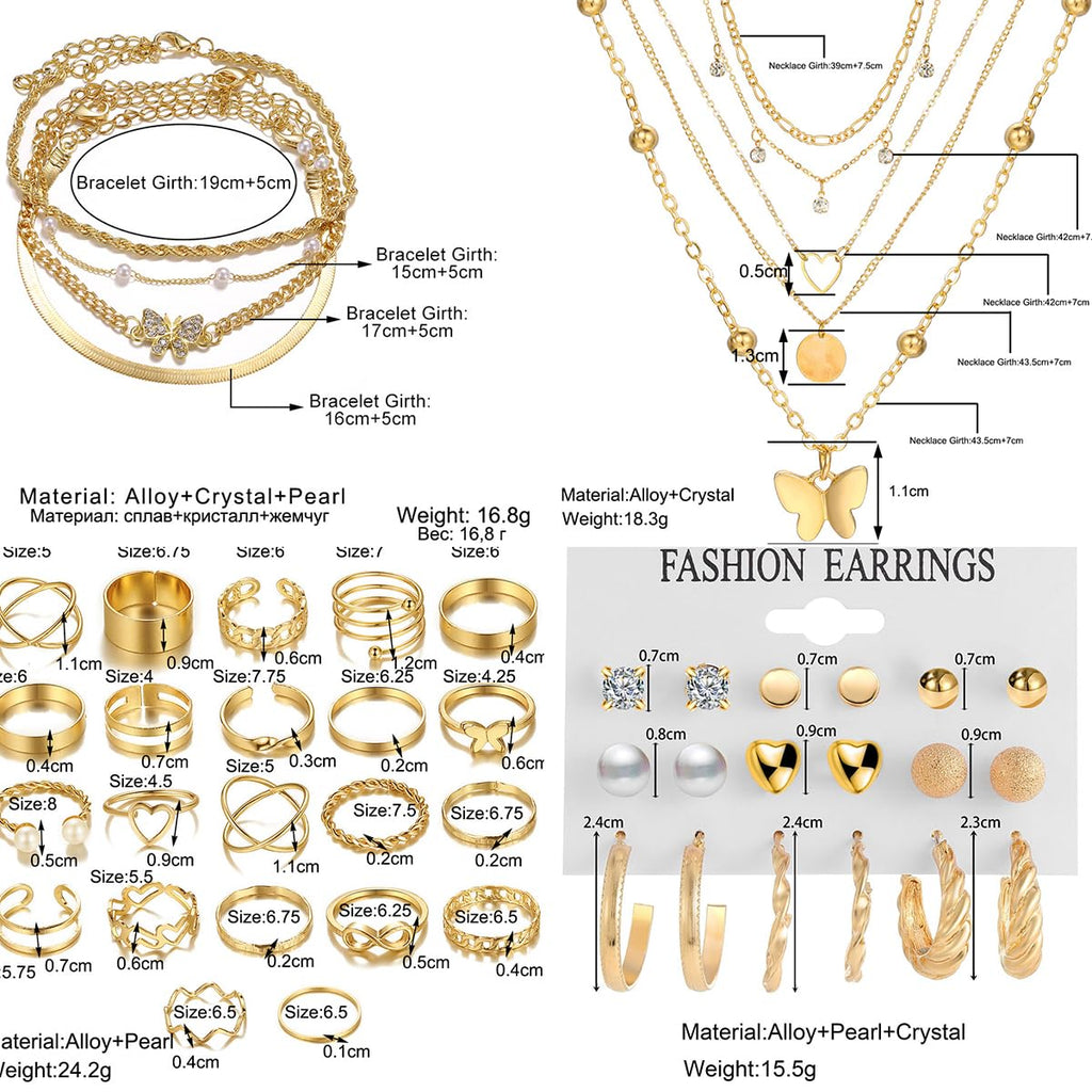 IFNODO 98pcs Gold Jewelry Set for Women Trendy Costume Jewelry Gold Plated Necklace Bracelet Gold Earrings And Rings Set for Women Friendship Gift Set