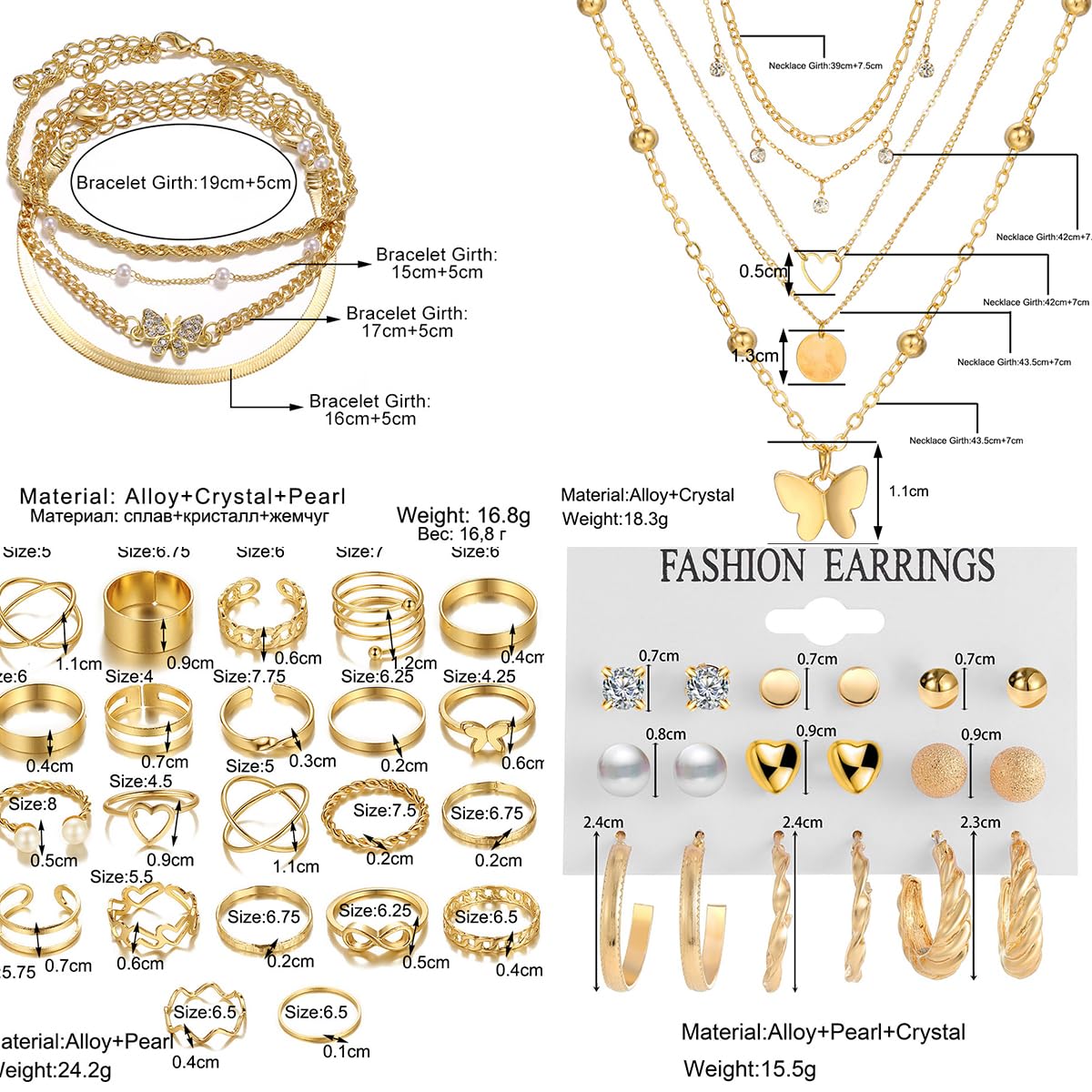 IFNODO 98pcs Gold Jewelry Set for Women Trendy Costume Jewelry Gold Plated Necklace Bracelet Gold Earrings And Rings Set for Women Friendship Gift Set
