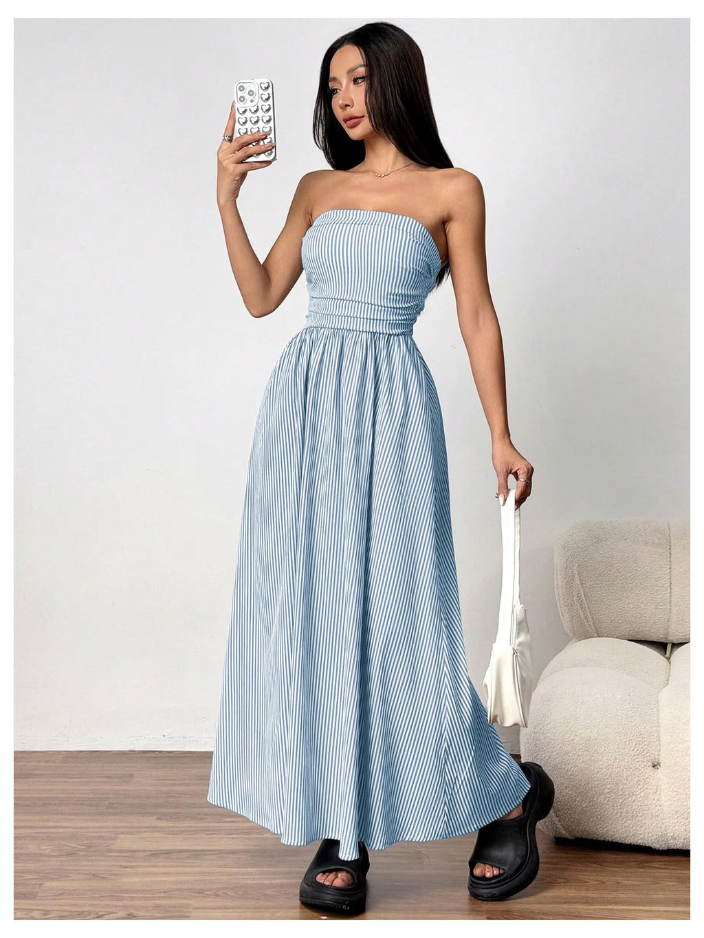 Milumia Women's Striped Strapless Maxi Dress Summer Casual Tube Top Long Dresses with Pocket Blue and White X-Small